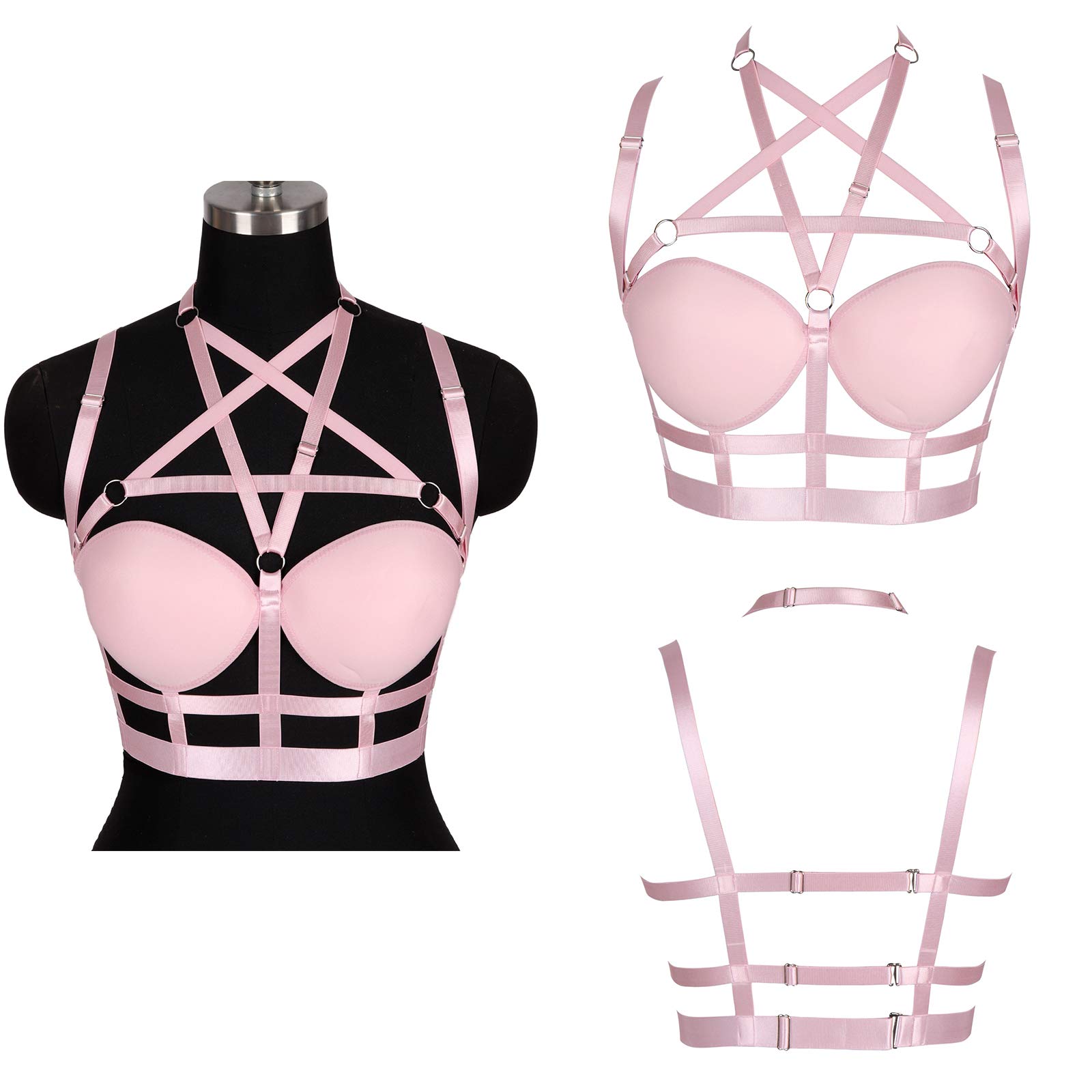 Woman's Body Harness Bra Lingerie cage Punk Goth Plus Size Festival Rave Pentagram Chest Strap Belt: Pink