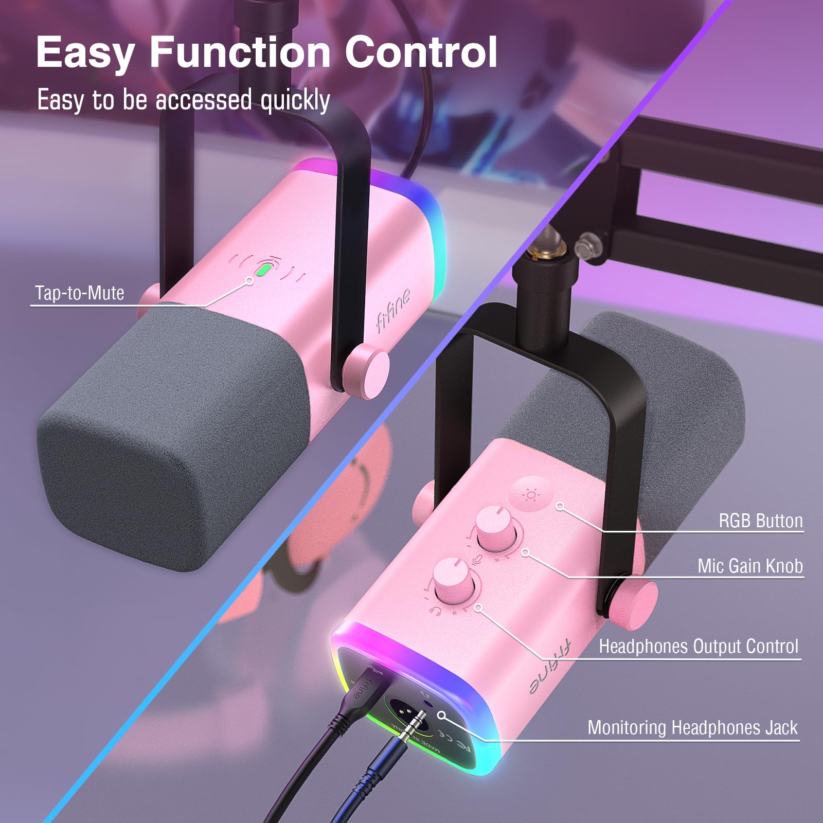 FIFINE XLR/USB Gaming Microphone Set, Dynamic PC Mic for Streaming Podcasting, Computer RGB Mic Kit with Boom Arm Stand, Mute Button, Headphones Jack, for Recording Vocal Voice-Over-AmpliGame AM8T thumbnail 6