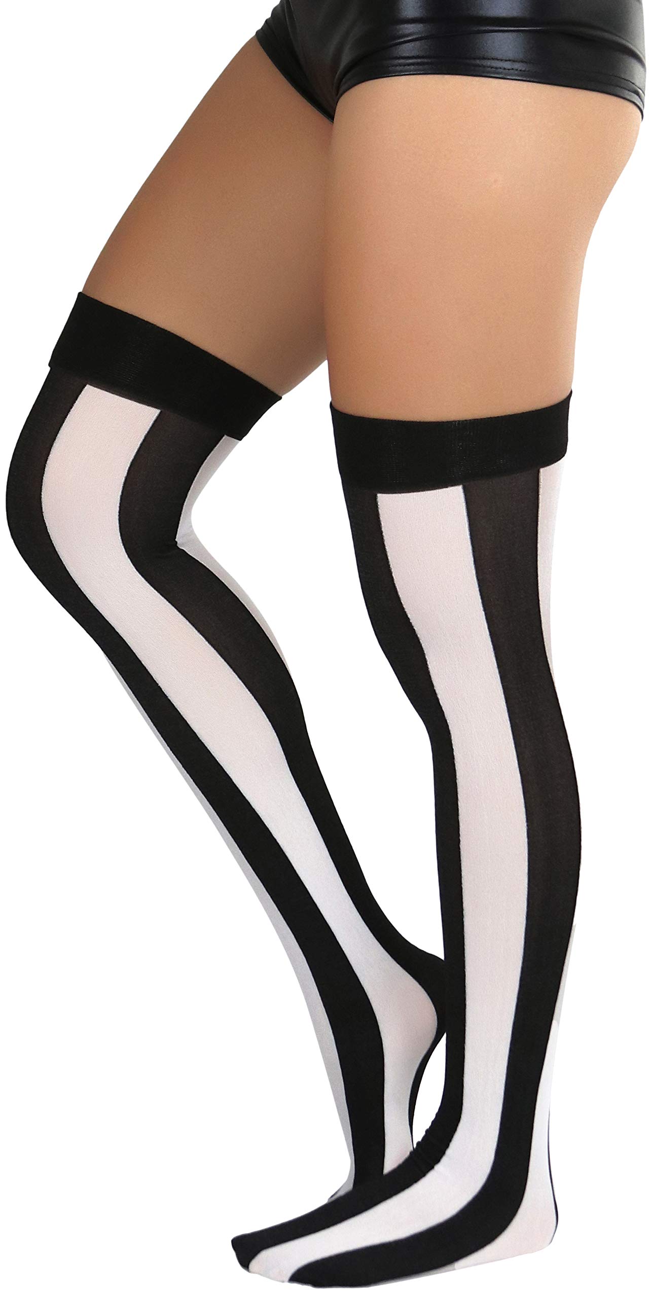 ToBeInStyle Women’s Wide Vertical Striped Thigh High Halloween Party Novelty Stockings: Black W/ White Wide Stripes