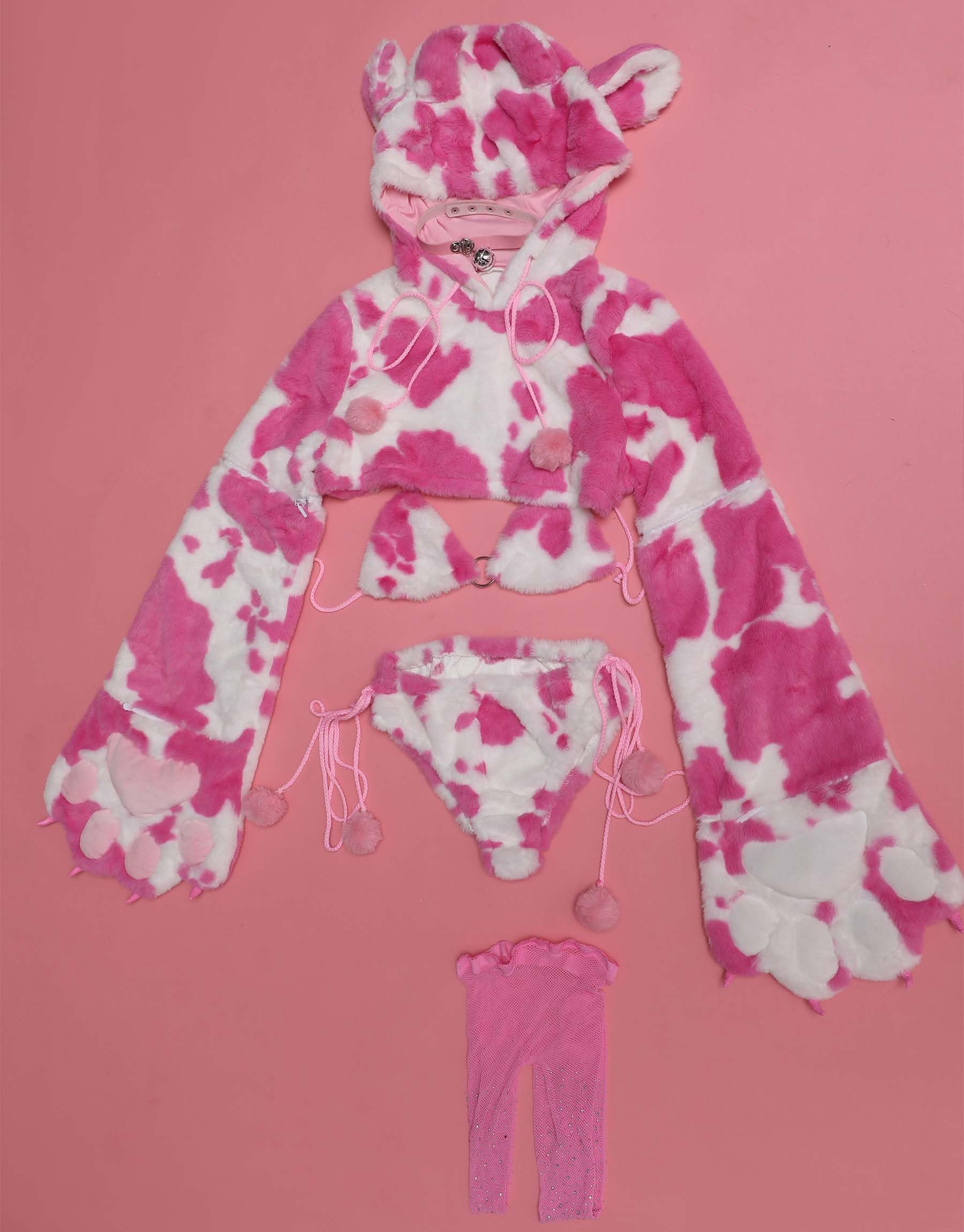 Mobbunny Women's Anime Cute Pajamas Set Cow Print Cosplay Lingerie Furry Paw Set Fuzzy Hoodie Top and Bra Panty Outfit - Image 6