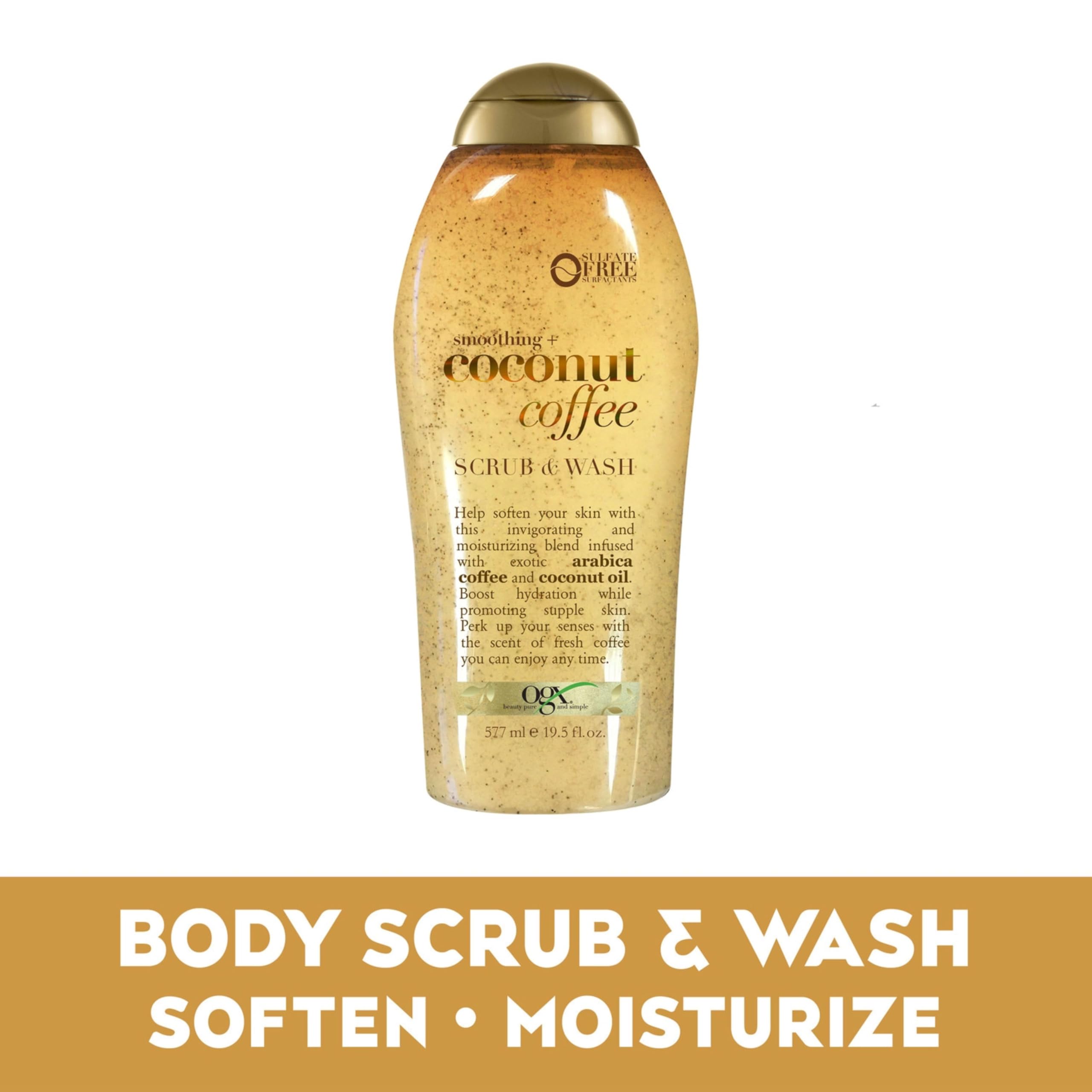 OGX Smoothing + Coconut Coffee Exfoliating Body Scrub with Arabica Coffee & Coconut Oil, Moisturizing Body Wash for Dry Skin, Paraben-Free with Sulfate-Free Surfactants, 19.5 Fl Oz: 19.5 Fl Oz (Pack of 1)