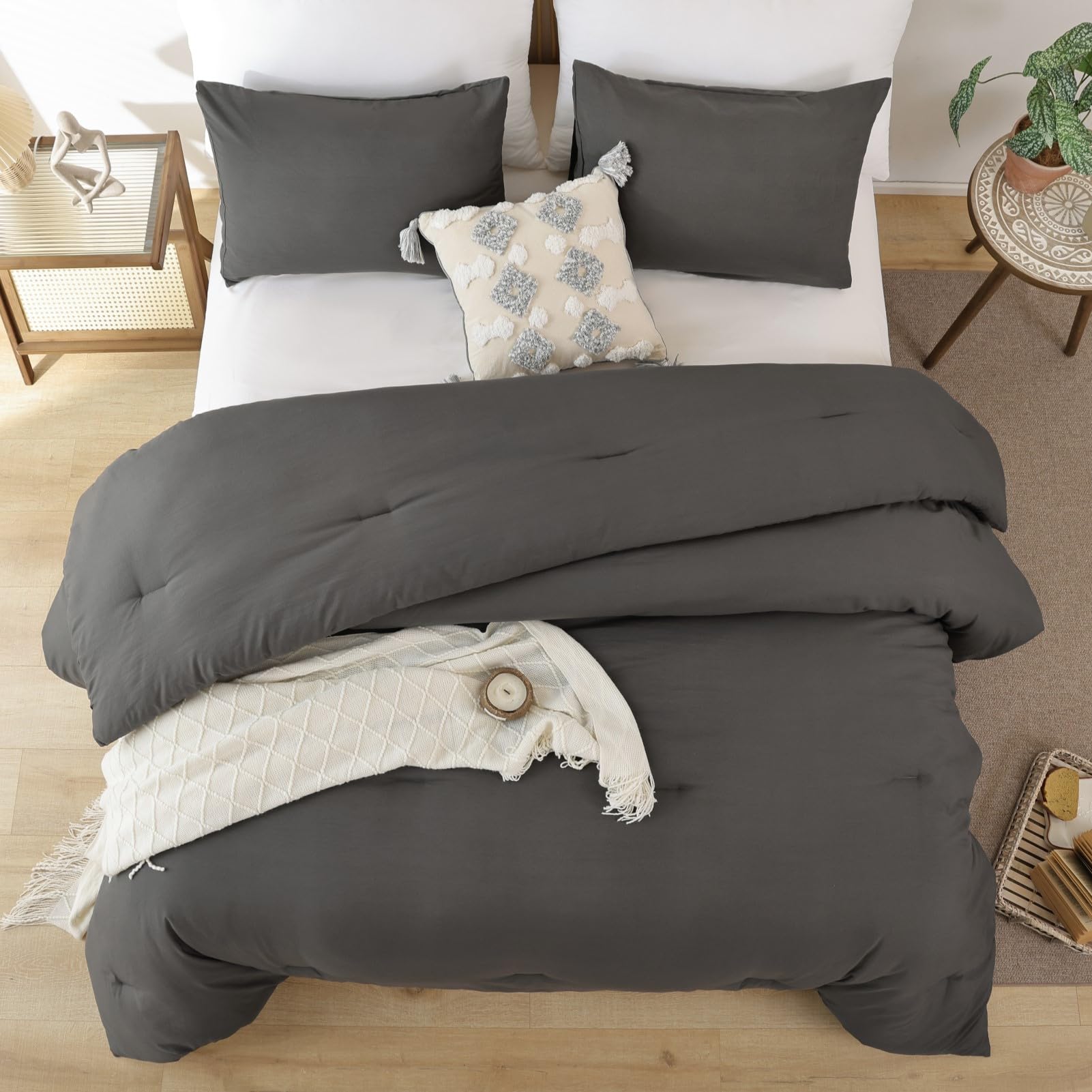 ROSGONIA Queen Comforter Set Oatmeal, 3pcs(1 Boho Oatmeal Comforter & 2 Pillowcases) All Season Soft Bedding Lightweight Bedspread Blanket Quilt: Queen Comforter 90"x90" Charcoal Gray