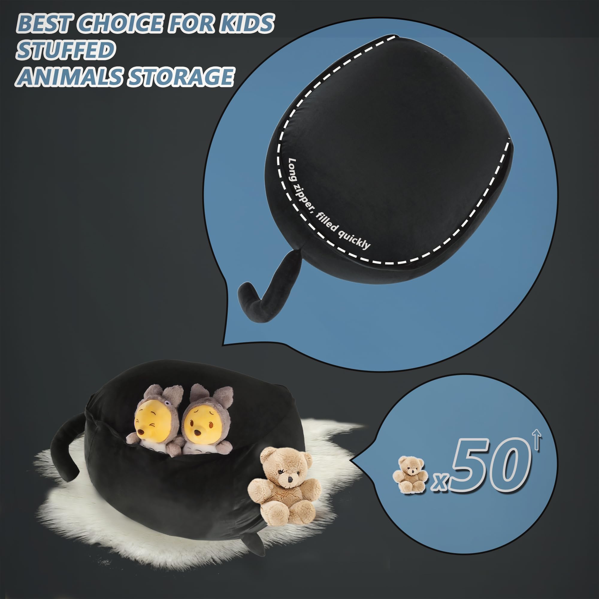 Stuffed Animal Storage Bean Bag Chair Cover for Kids Black Cat Beanbag Chair for Girls Large Size Toy Organizer Cover Only Without Filling thumbnail 7