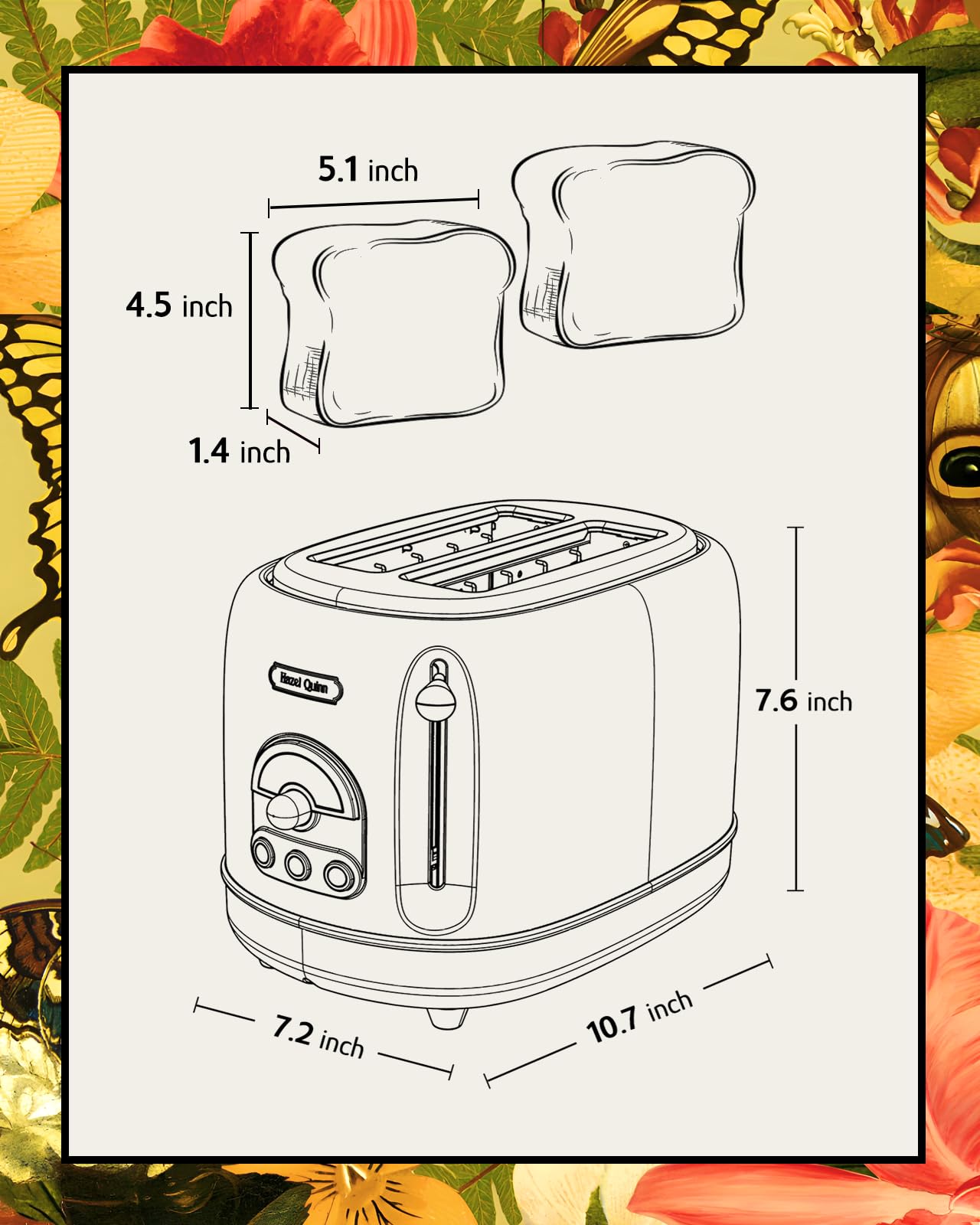 Hazel Quinn X Eduardo Recife Collaboration 2-Slice Retro Toaster, 6 Browning Levels, 3 Functions-Defrost/Reheat/Cancel, Removable Crumb Tray for Easy to Clean, 1.5 Inches Extra Wide Slots: Floral Printed Design