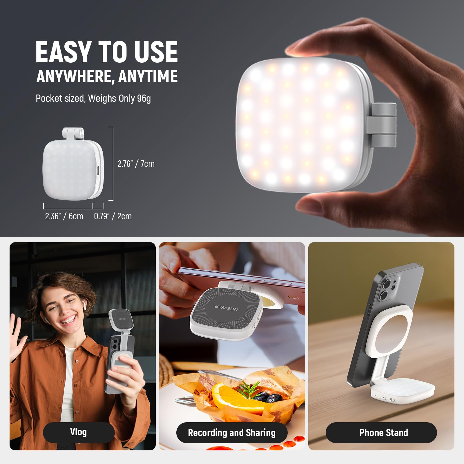NEEWER BASICS Magnetic Selfie Light Compatible with MagSafe iPhone, CRI95 700lx/0.3m Folding LED Phone Fill Ring Lighting with Mirror for Zoom Makeup Photography Recording Video Conference, NL48B: White