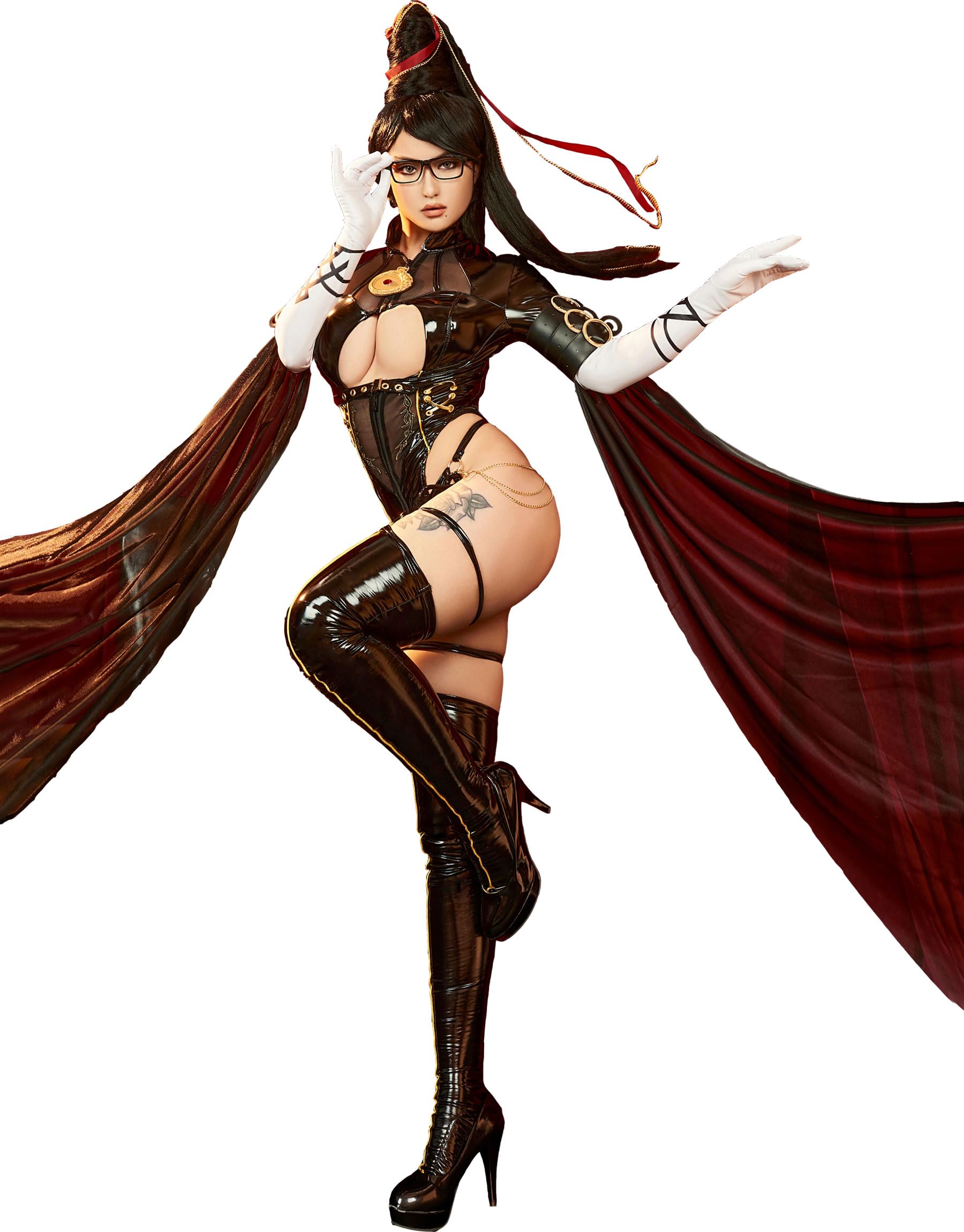 Mobbunny Women Anime Derivative Cosplay Bodysuit with Thigh Socks and Leg Rings Pu Leather Halloween Costume: Small