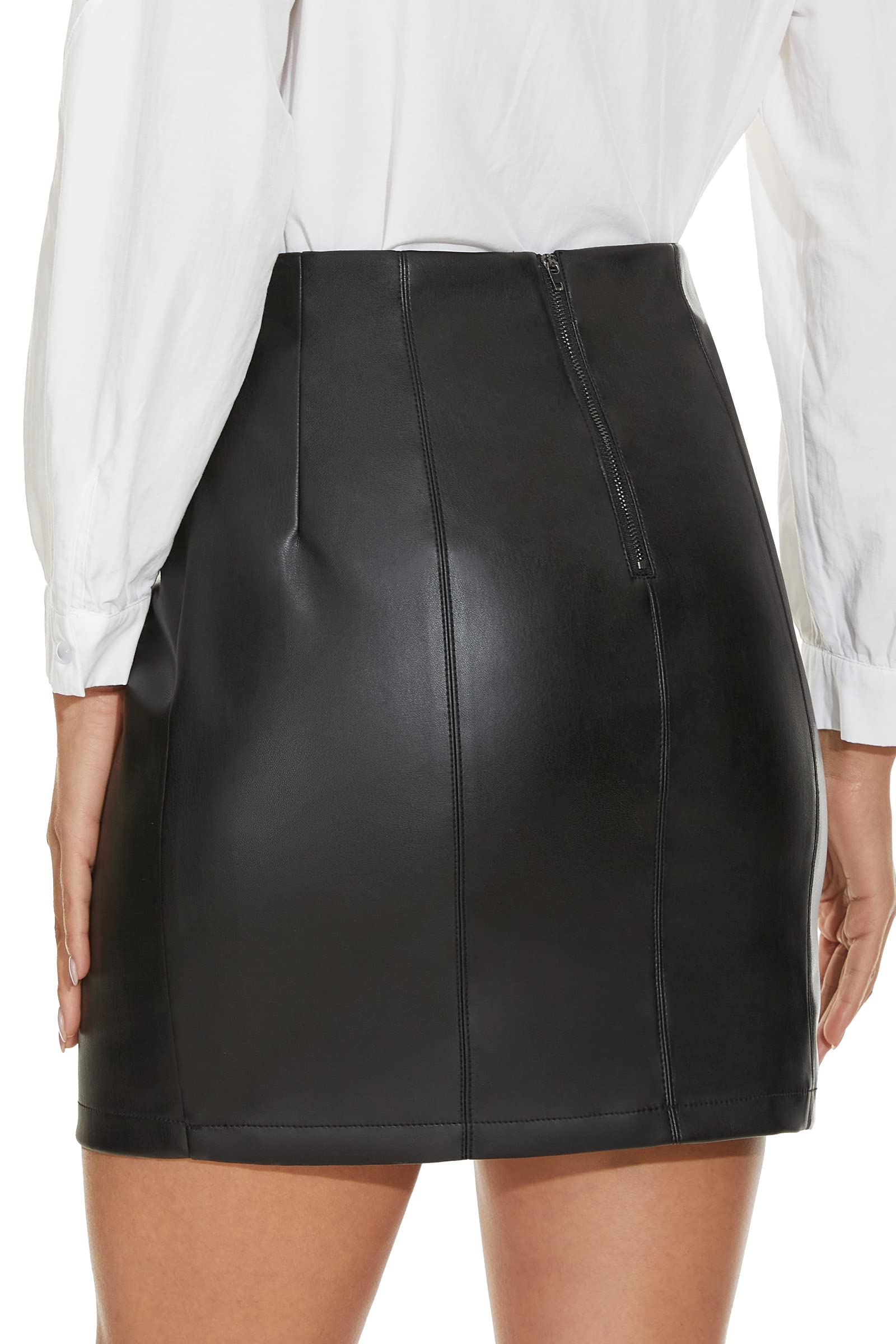 Fahsyee Women's Faux Leather Skirt, Hip High Waisted Stretchy Zipper Mini A-Line Pencil Short Plus Size S-XXL