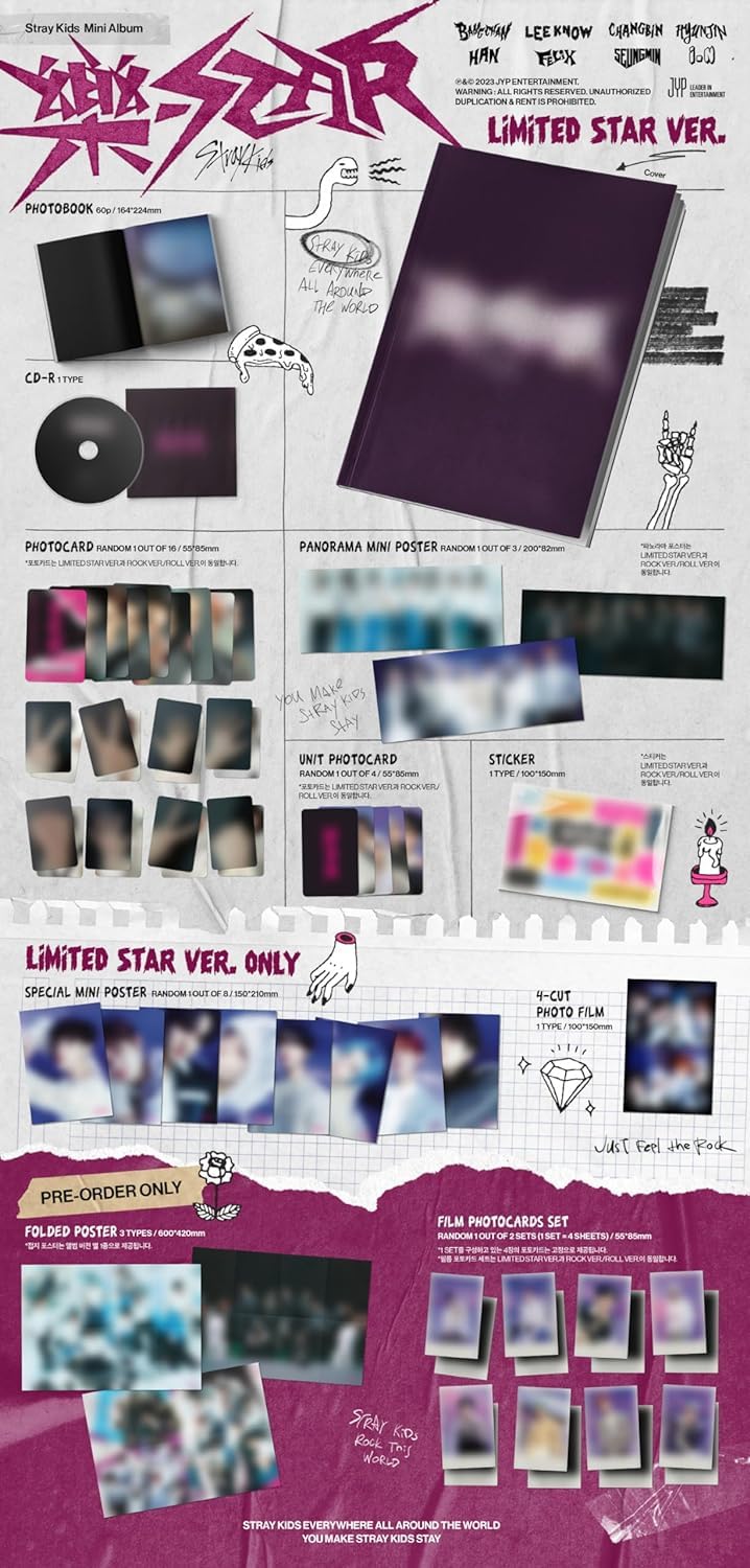 Stray Kids Album 樂-STAR Rock Star (Limited Version) 8th Mini Album with Pre-Order Benefit (1x Folded Poster & 4x Film Photocards)