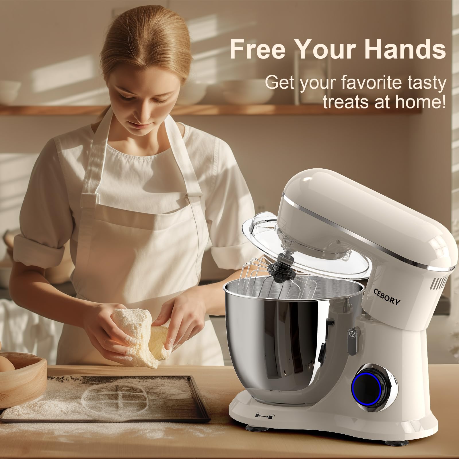 CEBORY 3-IN-1 Electric Stand Mixer, 6.5QT Bowl 660W 10-Speed Kitchen Mixer, Household Food Mixers include Dough Hook, Beater and Whisk, Bread Cake Mixer for Baking and Most Home Cooks,: Almond Cream