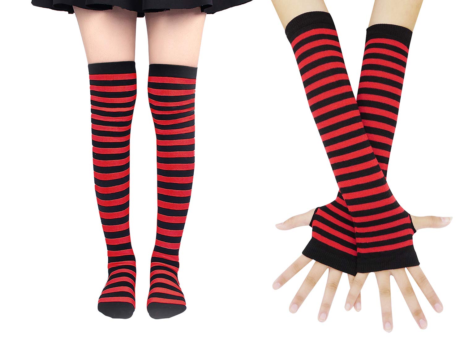 Bienvenu Womens Socks Striped Knee High Socks Arm Warmer Fingerless Gloves Set: Red