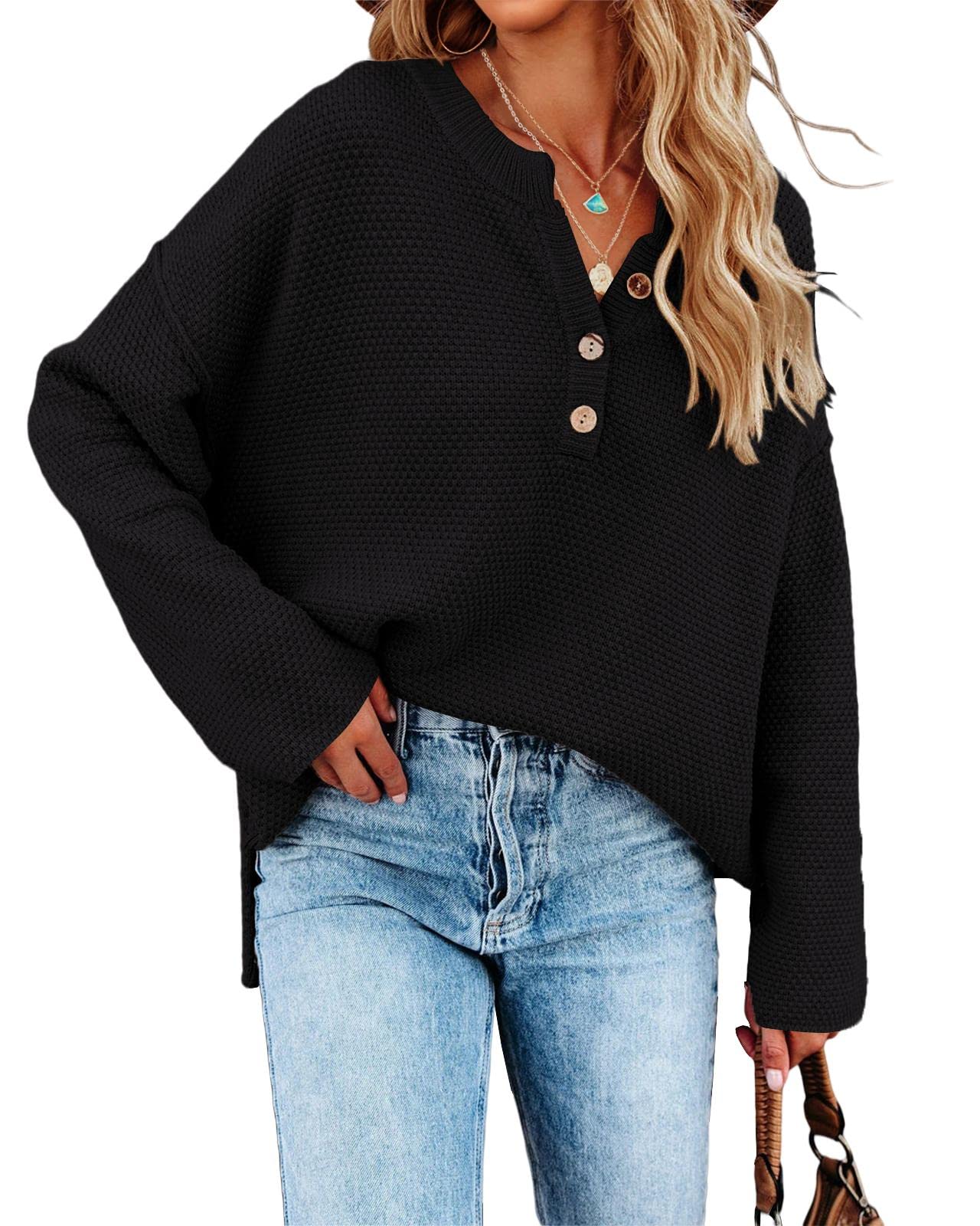 Saodimallsu Women's Oversized Sweaters Batwing Long Sleeve Loose V Neck Button Henley Tops Pullover Knit Jumper thumbnail 1