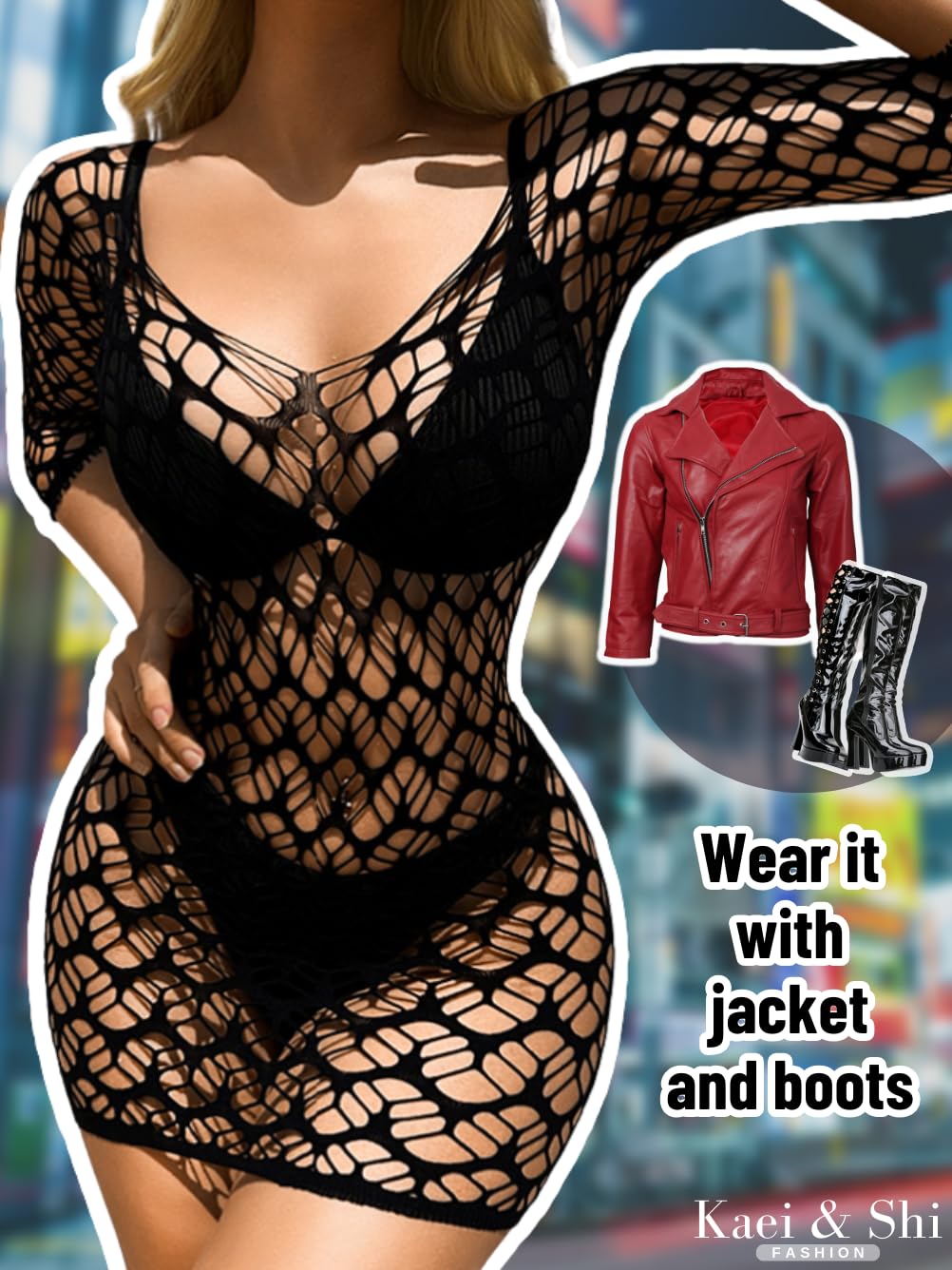 Kaei&Shi Sexy Outfits, Hollow Out, Sheer Mesh, Bodycon Mini Dress: Black