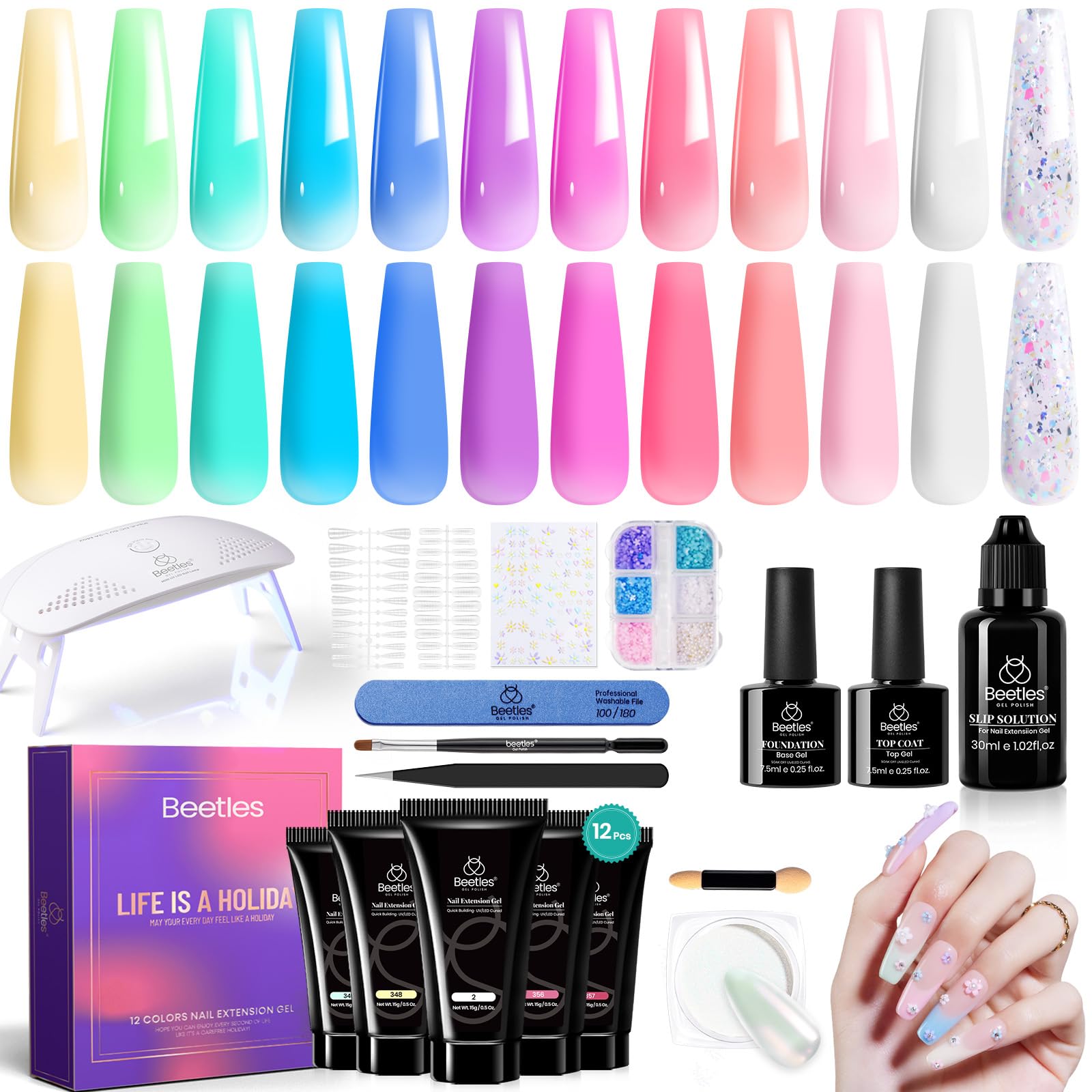 Beetles Poly Nail Gel Kit 6 Colors Clear Nude Brown Nail Extension Gel Set Builder Hybrid Jelly Gel with Nail Lamp Poly Extension Gel Nail Kit with Slip Solution Base Top Coat Gel Polish for Women thumbnail 1