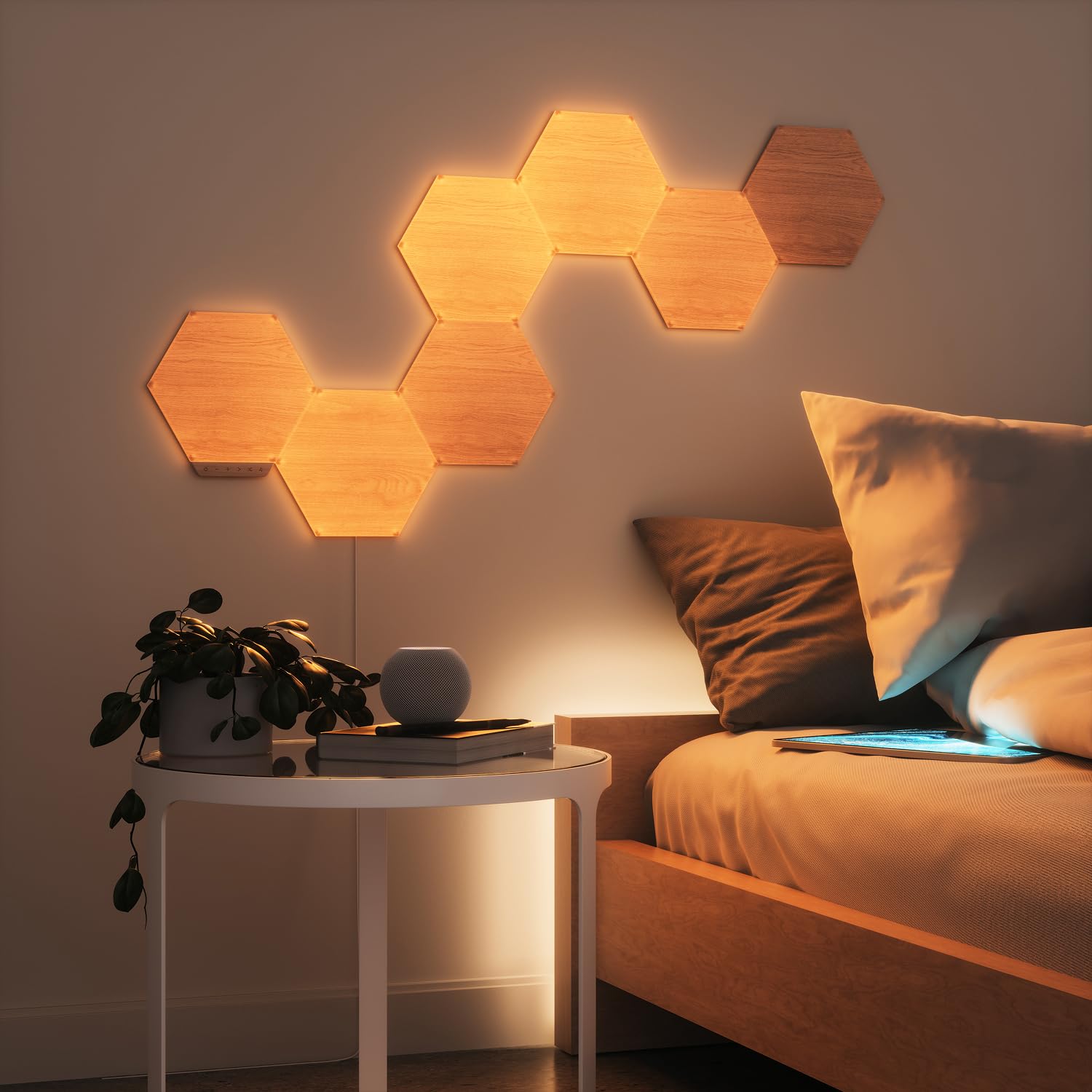 Nanoleaf Elements Wood Look Smart Wall Lights, Hexagon LED Wall Lights Work with Alexa Google Assistant, Home Wall Decor for Living Room with Music Sync, Touch Control, Ambient White 1500-4000K, 7 PK: Smarter Kit (13 Panel)