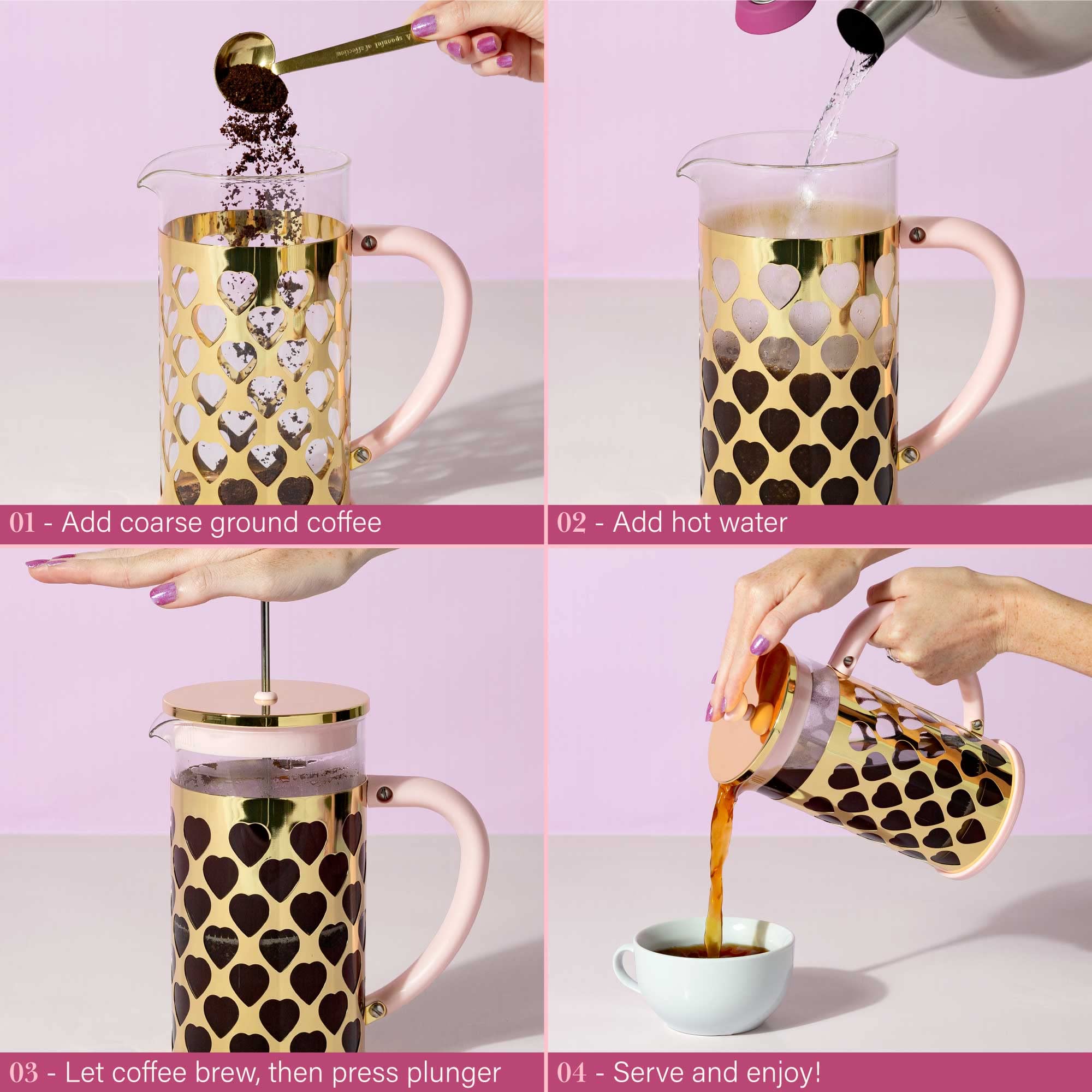 Paris Hilton French Press  With Heart Shaped Measuring Scoop, 2-Piece Set, 8-Cup or 34-Ounce, Pink: Coffee Maker