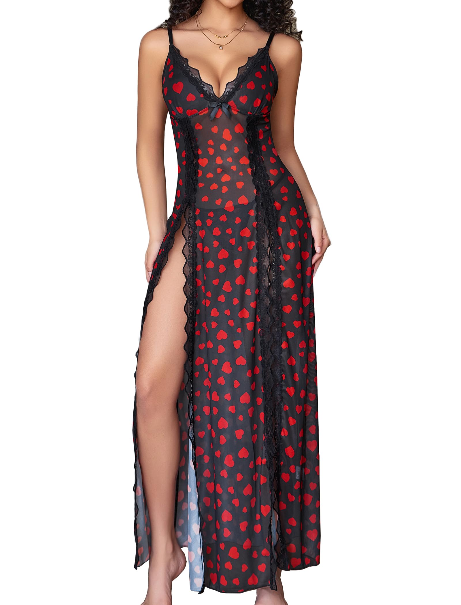 Avidlove Women Lingerie Lace Babydoll Chemise Sexy Mesh Nightdress V Neck Nightwear Side Split Nightgown
