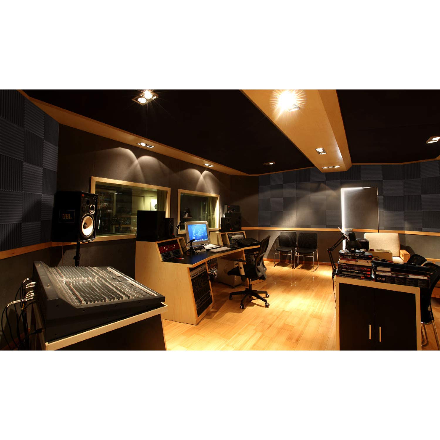 Focusound  Acoustic Foam Panels 1" x 12" x 12" Sound Proof Foam Panles Soundproofing Noise Cancelling Wedge Panels for Home Office Recoding Studio with 300PCS Double-Side Adhesive: 52 Pack