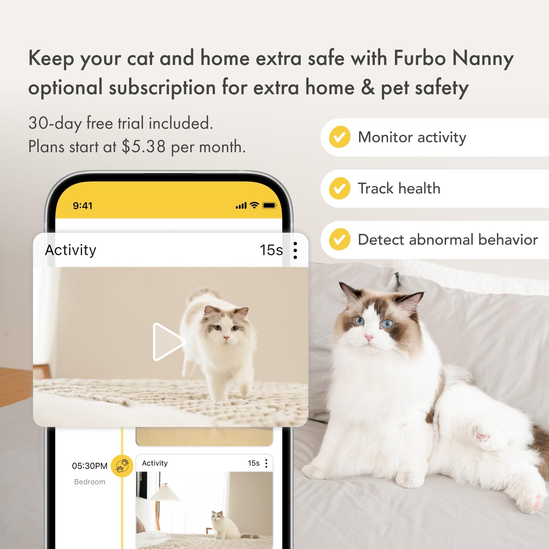 Furbo 360° Dog Camera - Unlock with Paid Plan: Home Security & Dog Safety Alerts, Rotating Pet Treat Dispenser w/ 2-Way Speaker, Smart Indoor Cam w/Phone App (3mo Minimum Subscription Required): Cat Cam (No Subscription Required)