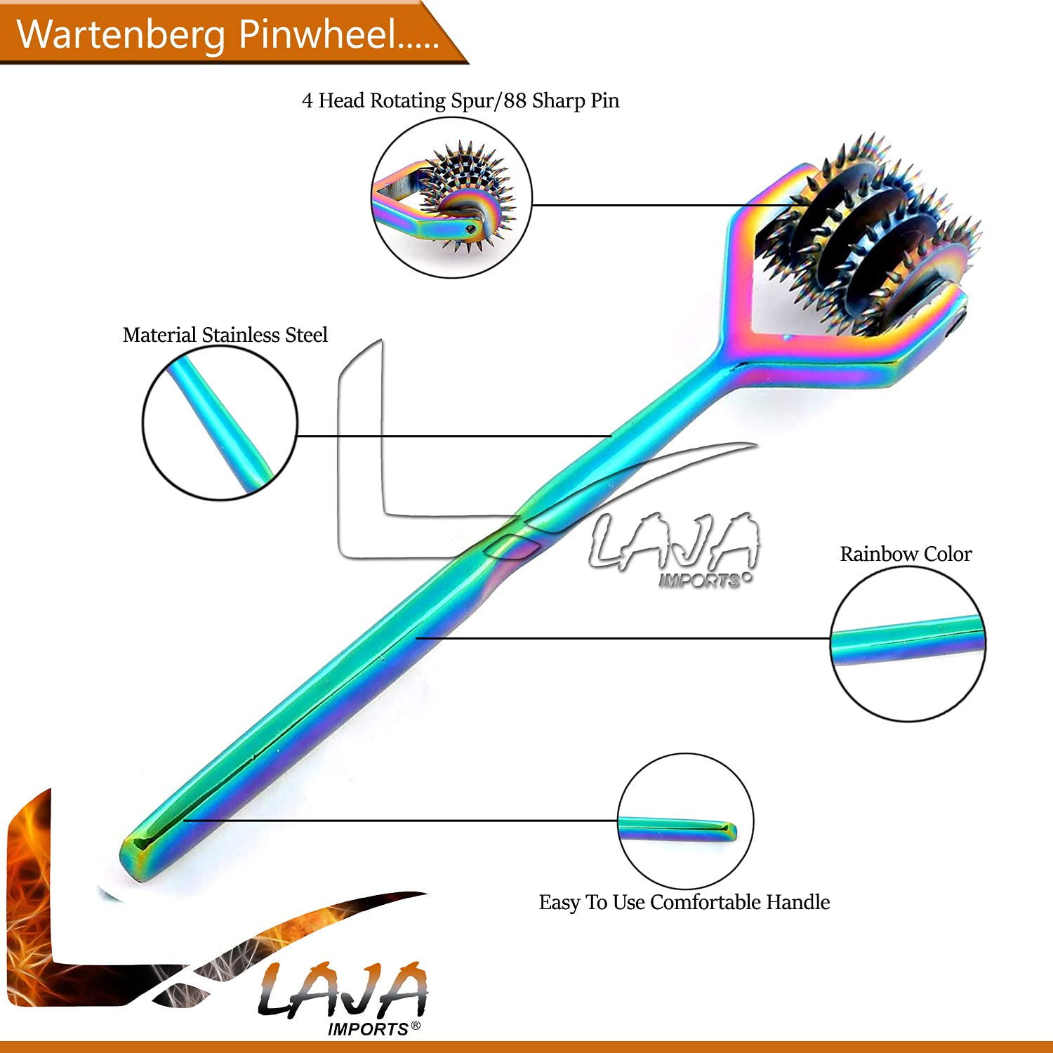 Laja Imports Wartenberg Wheel - Strong Sensation Pinwheel (4 Head) Rainbow Color for Educational Use