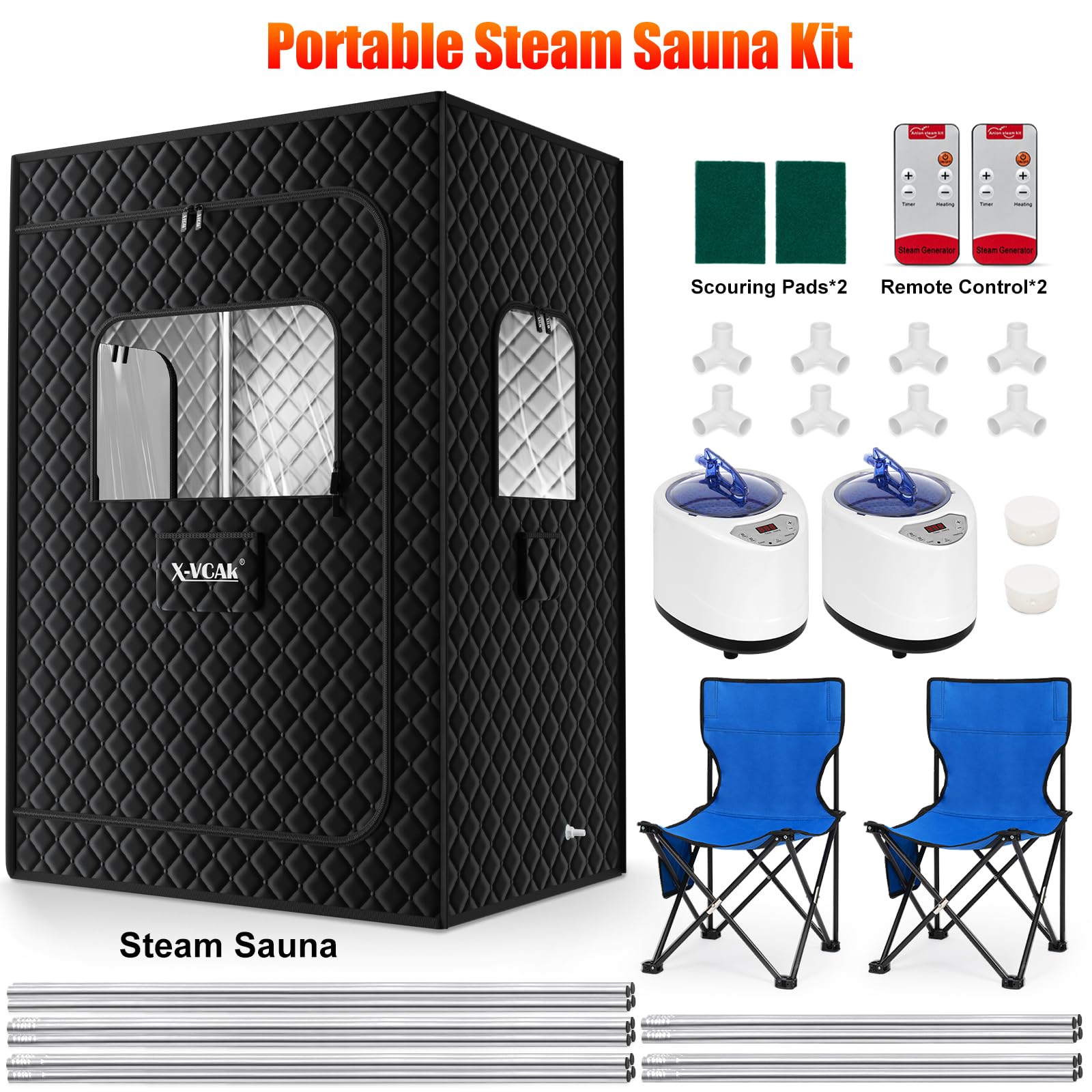 X-Vcak 2 Person Sauna, Extra Large Sauna Box, Portable Steam Sauna Tent with 2 Steamers, 2 Folding Chair, 71”x 49”x 36”, Black thumbnail 9