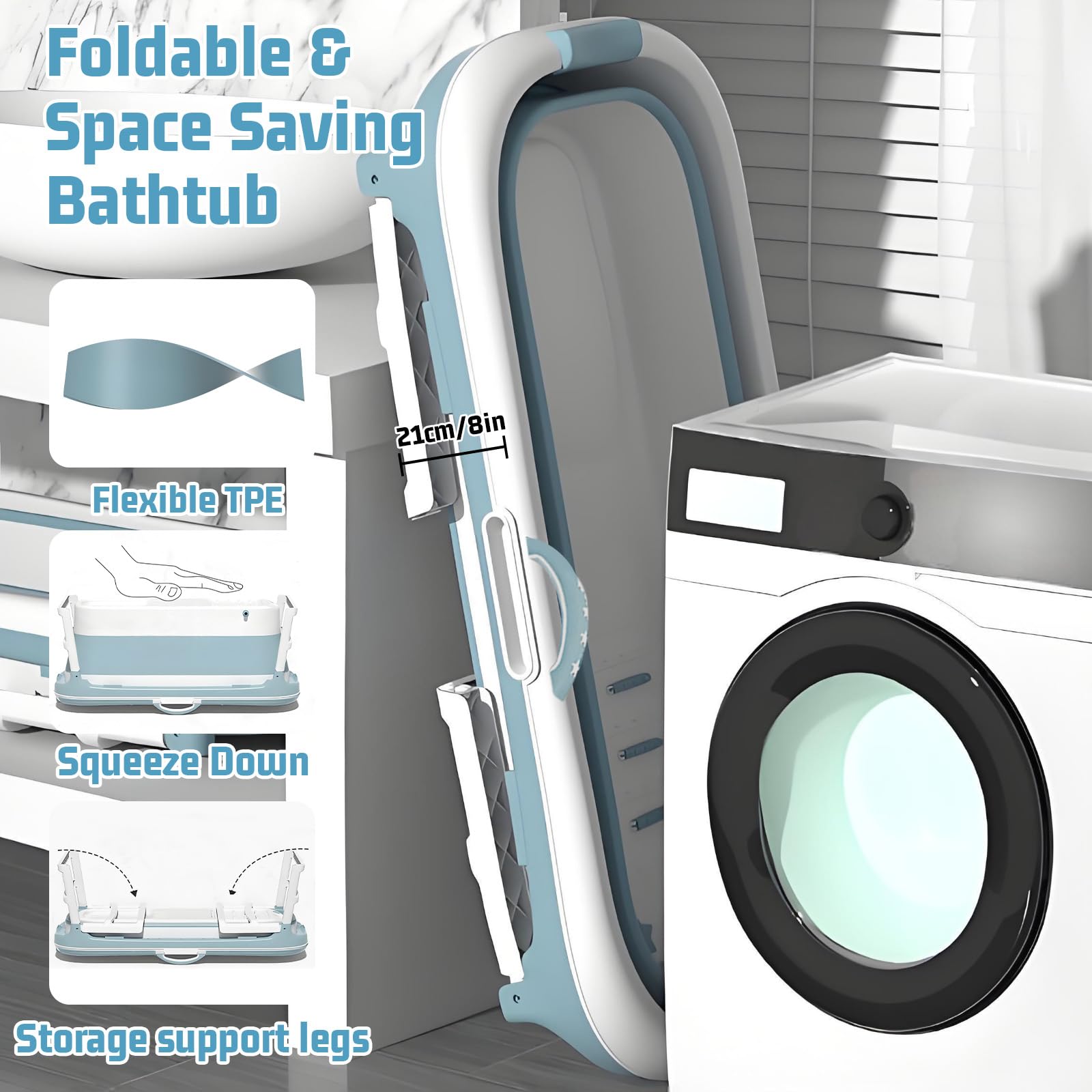 Portable Bathtub with Thermometer,59 Inch Foldable Bathtub for Adults,Soaking Bath Tub with Removable Cushion,Non-Slip Carpet and Cover,Collapsible Tub for Hot Bath, Ice Bath (Blue, 59IN)