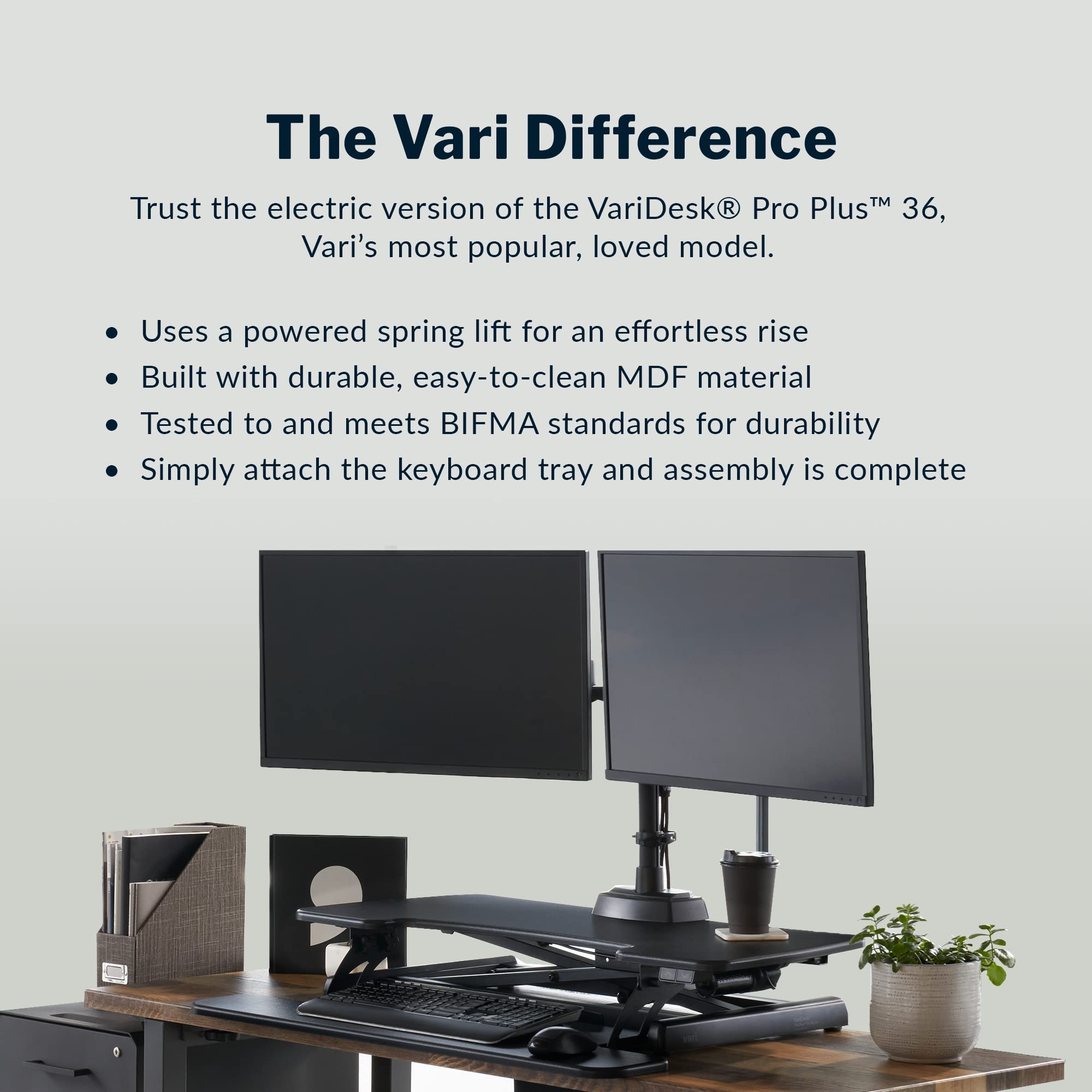 Vari VariDesk Pro Plus 36 Electric - Standing Desk Converter - Height Adjustable Desk Riser - Stand Up Converter for Home Office Workspace - Wide Dual Monitor Computer Workstation - Black: Black Pro Plus 36 Electric