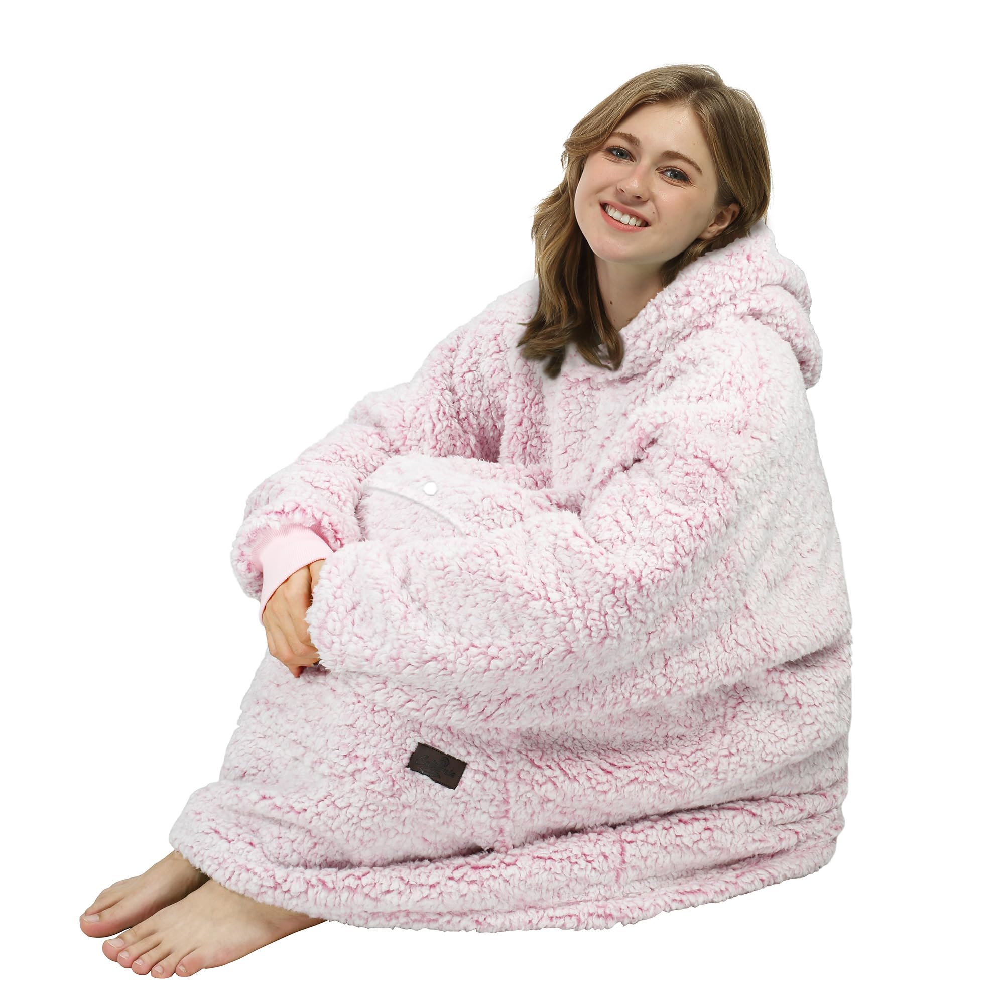 Catalonia Oversized Blanket Hoodie Sweatshirt, Wearable Sherpa Lounging Pullover for Adults Women Men: One Size Ombre Pink