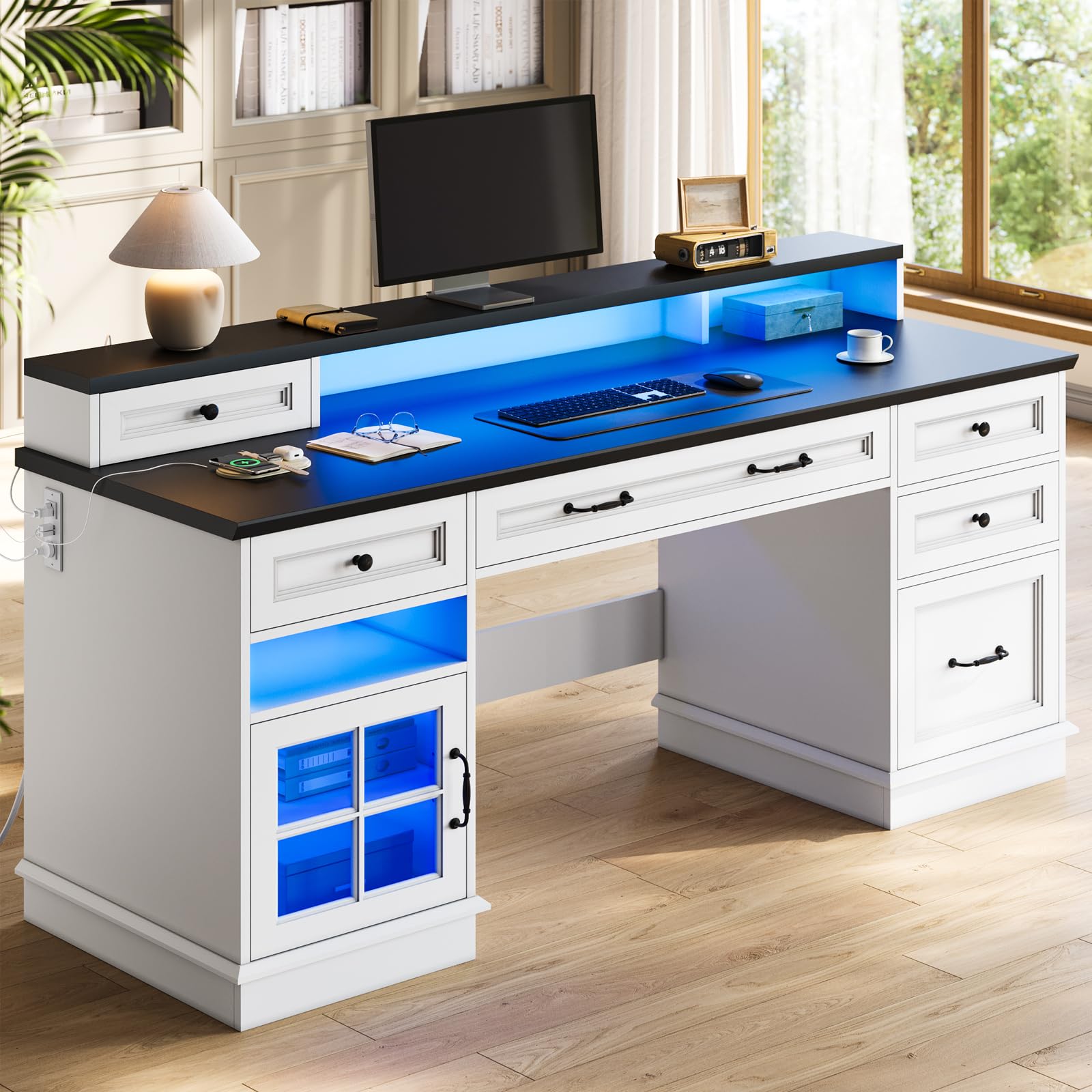 HAUOMS Farmhouse Executive Desk with Drawers Computer Desk with File Drawers, Power Outlet and Led Lights, Executive Office Desk with Storage Cabinet and Monitor Shelf for Home Office,: White