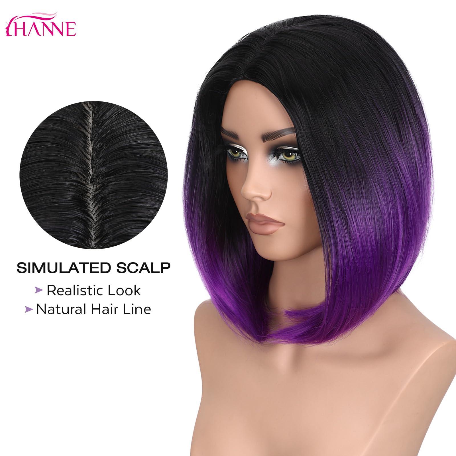 HANNE Ombre Black to Purple Wig Short Bob Wigs Shoulder Length Bob Hair Short Straight Hair Bob Wigs for Women Ombre Purple Wig (Ombre Purple): Black to Purple