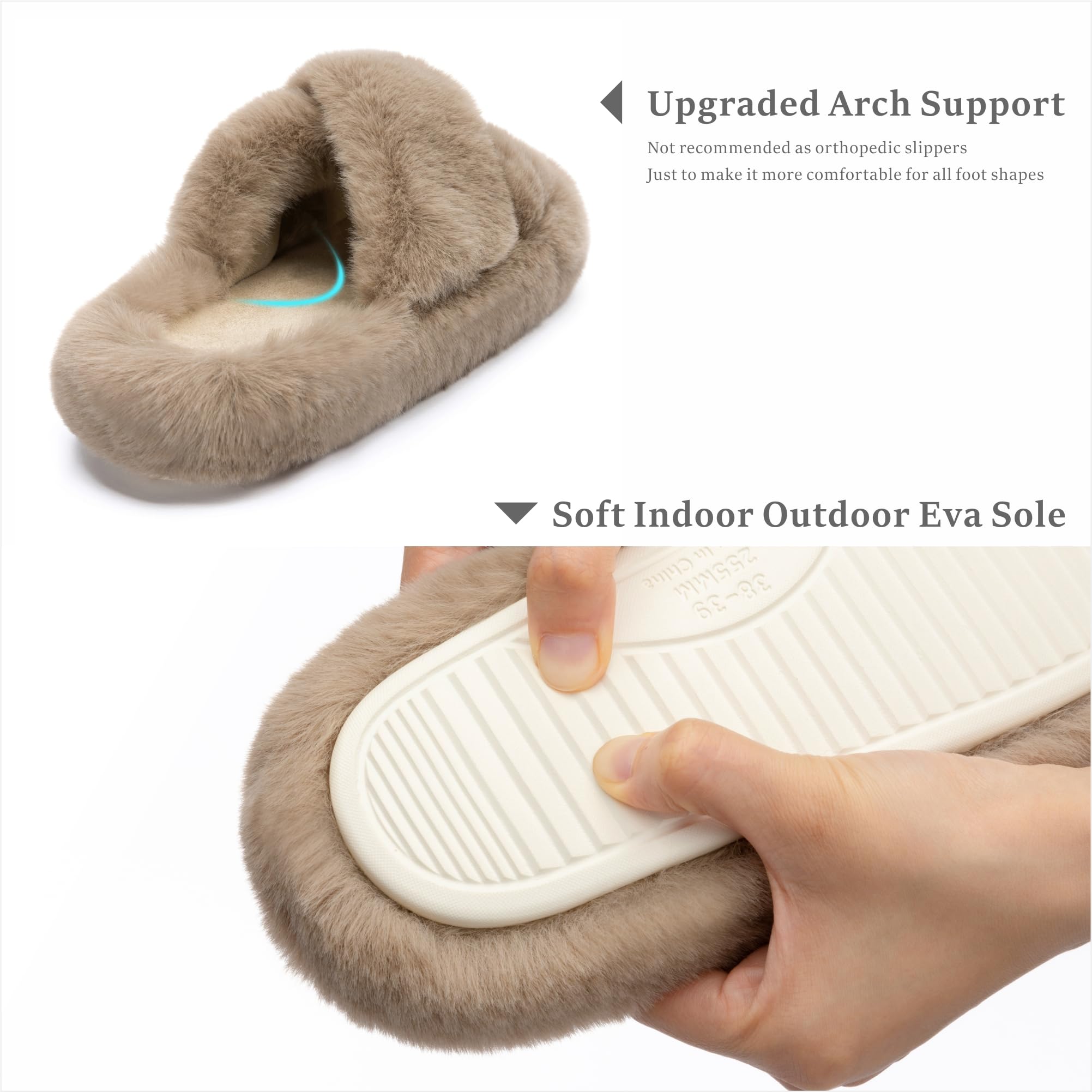 Chantomoo Women's Blue Memory Foam Faux Fur Lined Open Toe Slippers for Women - US 12: 7-8 Light Brown Cross