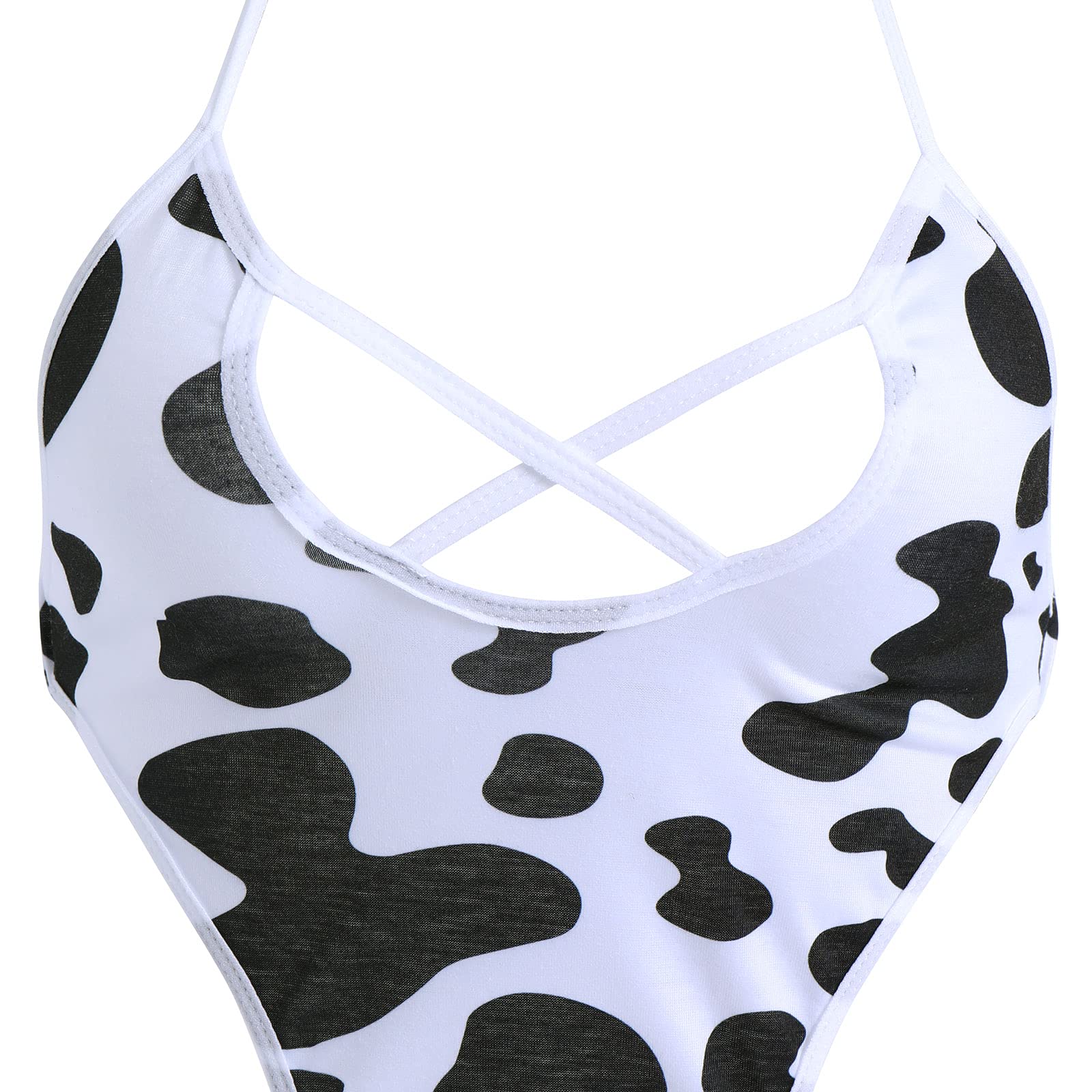 FYMNSI Women Sexy Milk Cow Lingerie Set Anime Maid Cosplay Costume Mini Bikini Bra Bodysuit with Bell Choker Stockings Outfit thumbnail 3