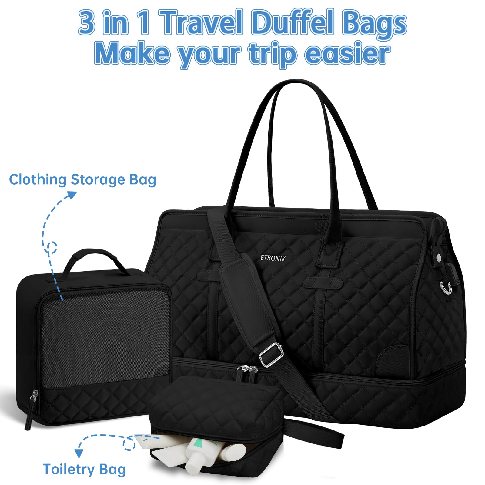 ETRONIK Weekender Overnight Bag for Women, Large Travel Duffle Bag with Shoe Compartment & Wet Pocket, Carry On Tote Bag Gym Duffel Bag with Toiletry Bag for Hospital 3 Pcs Set, XL Size, Dark Black: Extra Large Dark Black