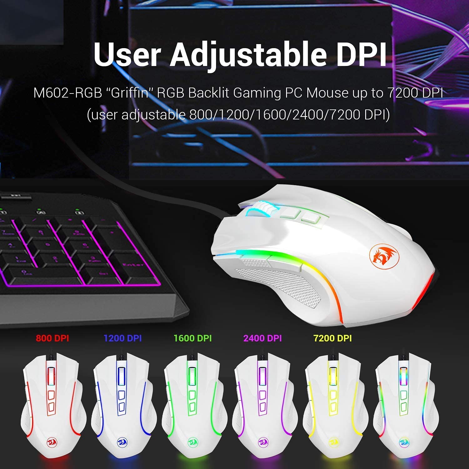 Redragon M602 RGB Wired Gaming Mouse RGB Spectrum Backlit Ergonomic Mouse Griffin Programmable with 8 Backlight Modes, Up to 7200 DPI for Windows PC Gamers (White): M602-W White