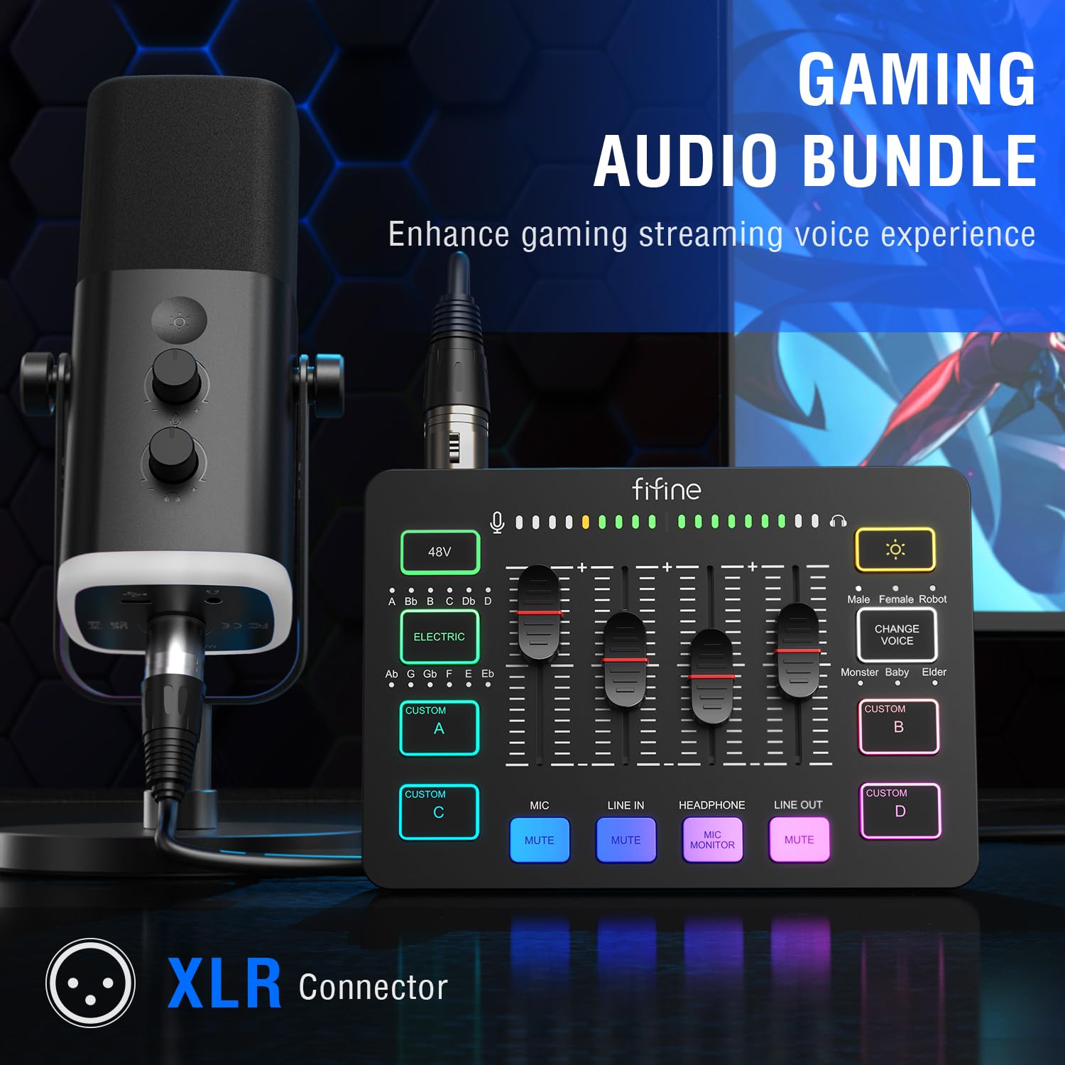 FIFINE Gaming Equipment Bundle, Dynamic XLR/USB Gaming Microphone Set with Streaming Audio Mixer for Podcast Recording Video Vocal, RGB Gamer Set with Volume Fader/XLR Interface for PC-AmpliGame KS5: Black