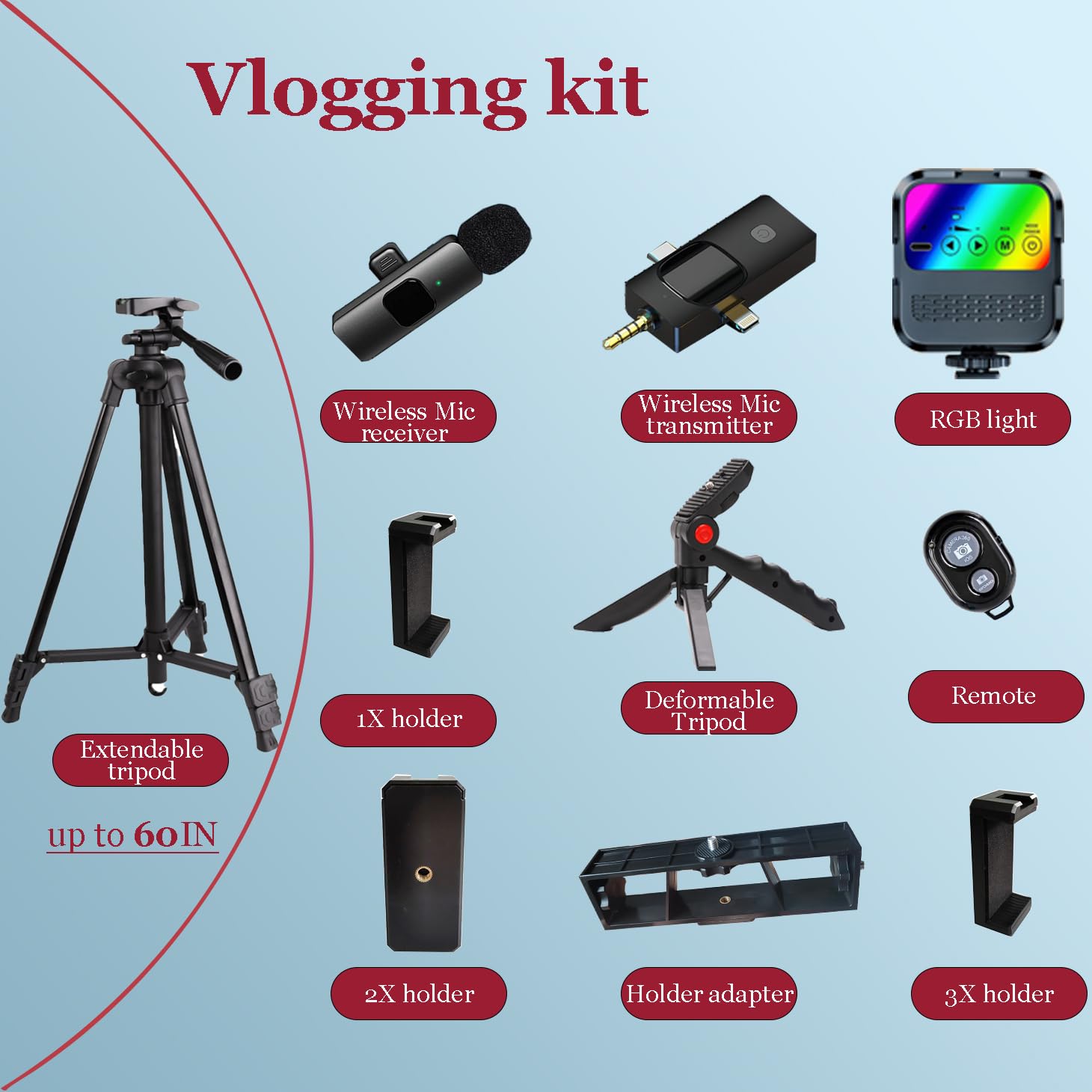 Litchitech Vlogging Kit for iPhone,Vlogging Kit for Andriod Phone,Vlogging Camera Kit,with Tripod 60" / Multiple Holders/RGB Light/Lavalier Mic/Remote: With shotgun-shape short Tripod