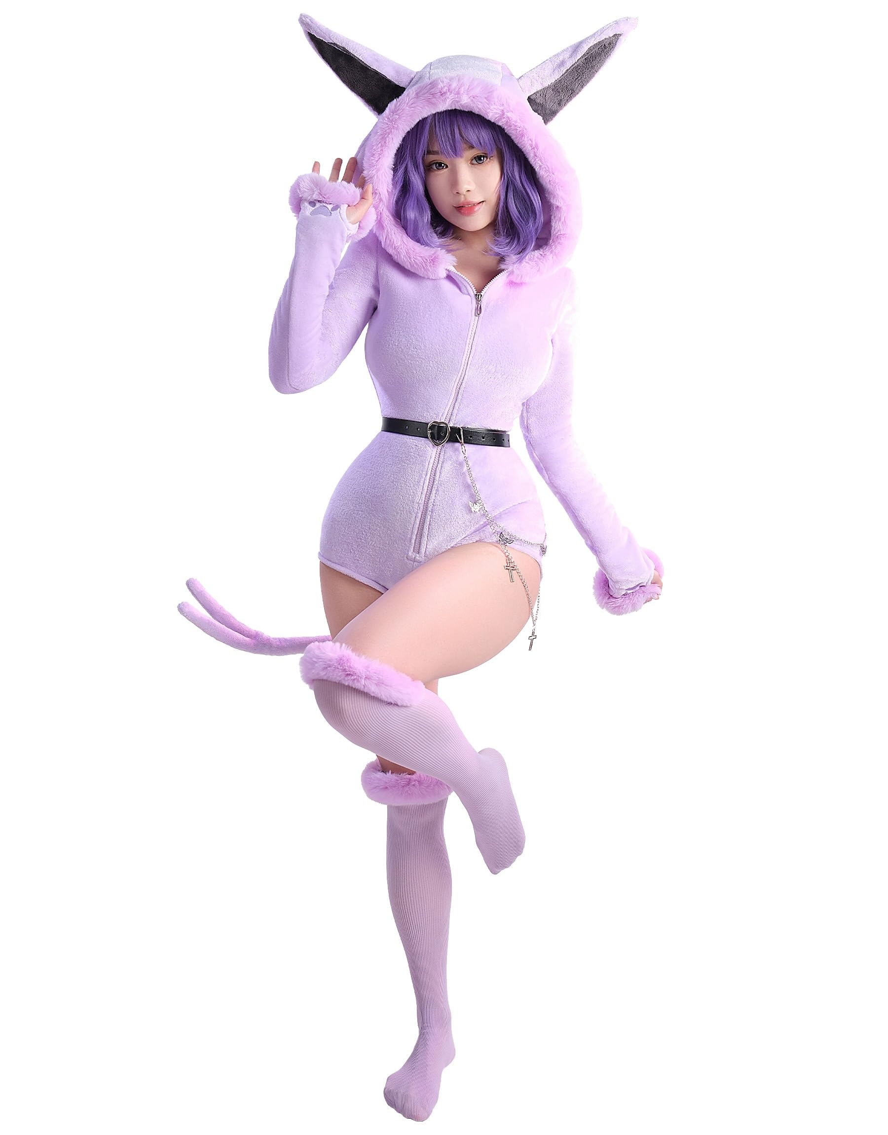 Mobbunny Anime Derivative Romper Onesie Pajamas Bodysuit with Tail Belt and Socks Fluffy Bodycon Hooded Jumpsuit: Small Purple