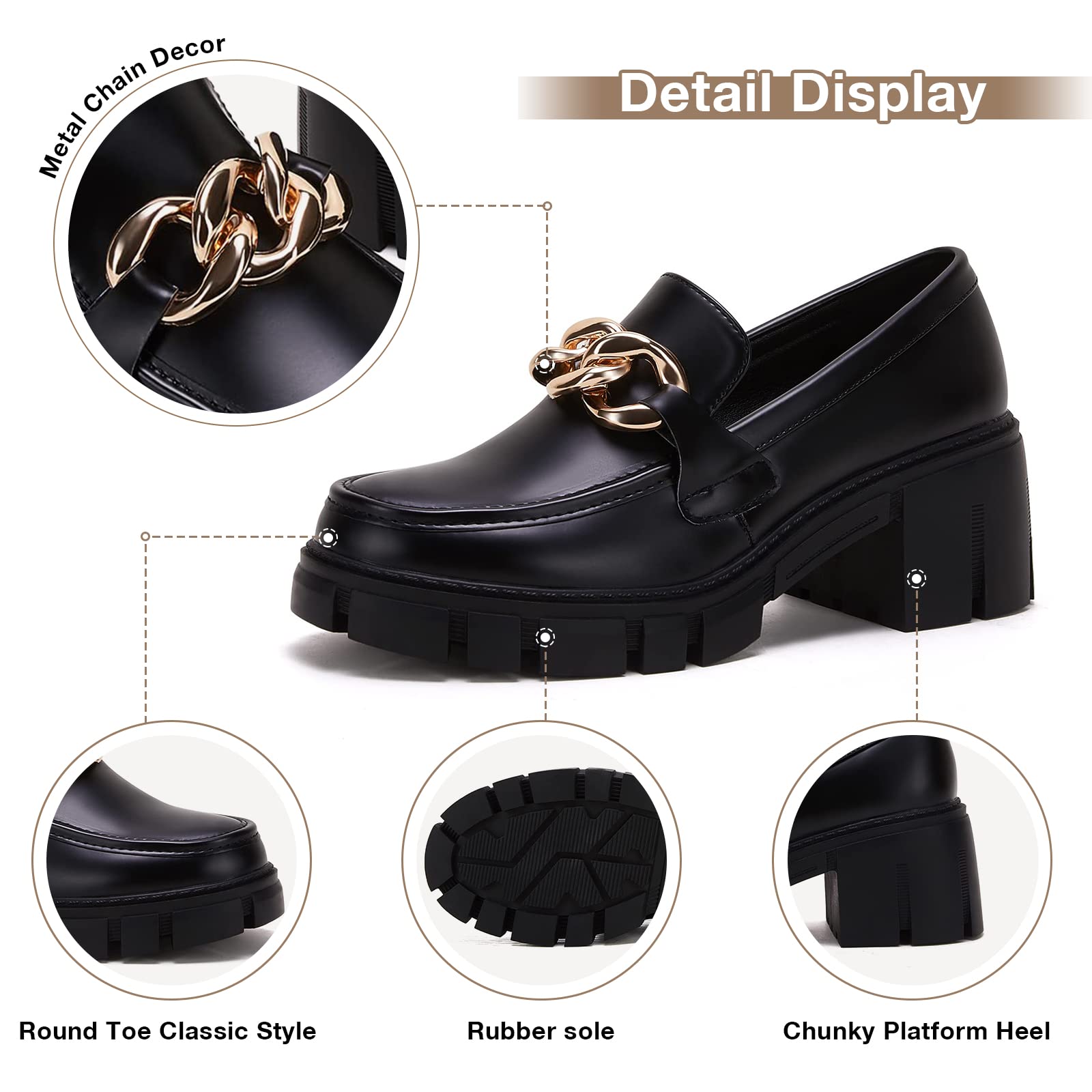 TINSTREE Platform Loafers for Women with Chain Comfort Chunky Heel Slip On Round Toe Business Work Shoes thumbnail 2