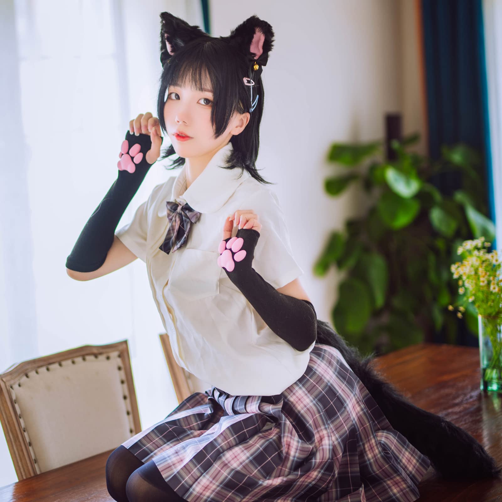 HOMEGYMFREE Cute Cat Paw Mittens Gloves, Kawaii Cat Cosplay Kawaii Soft 3D Toes Beans Fingerless Cat Claw Paws Pad Sleeve: 4 Pcs Black