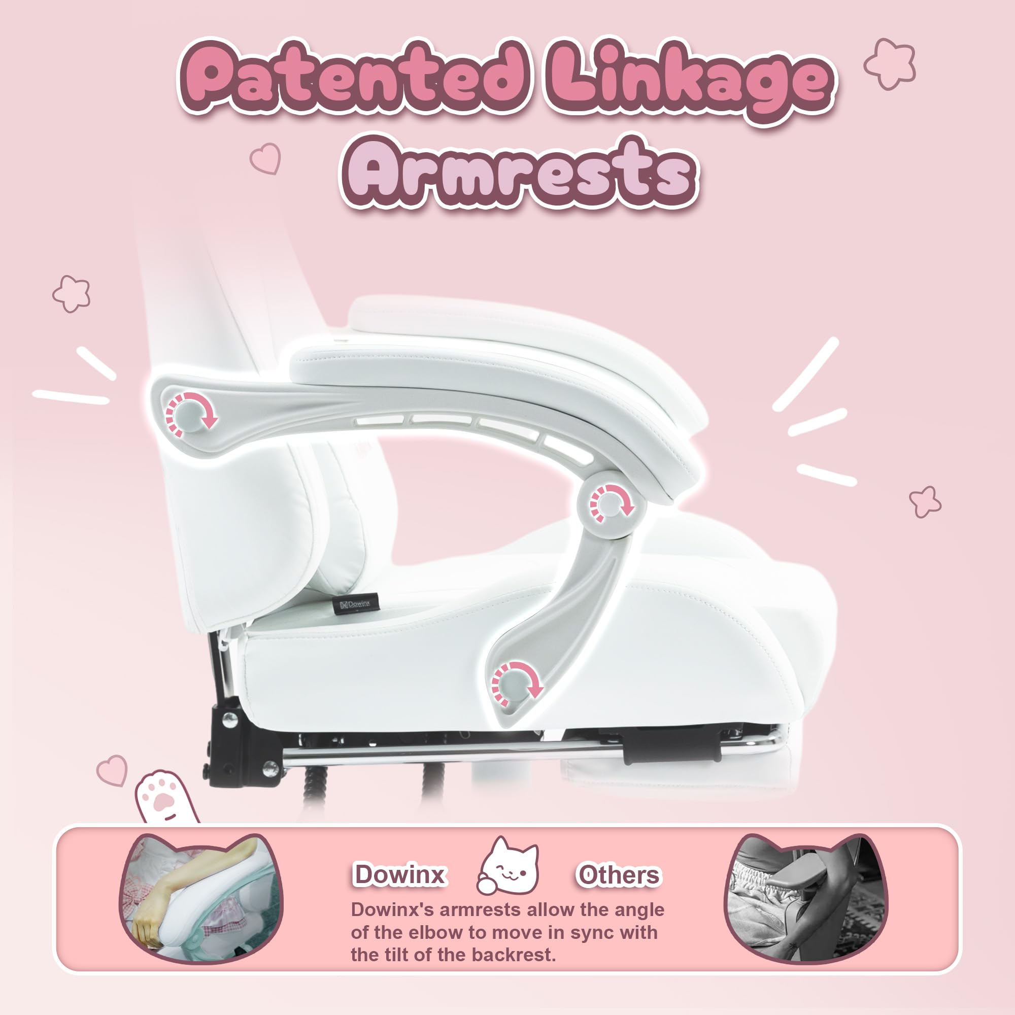 Dowinx Gaming Chair Cute with Cat Ears and Massage Lumbar Support, Ergonomic Computer Chair for Girl with Footrest and Headrest, Comfortable Reclining Game Chair 290lbs for Adult, Teen, White: White