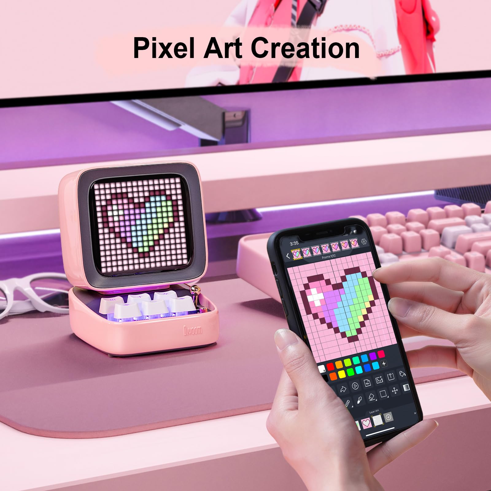 Divoom Ditoo Retro Pixel Art Game Bluetooth Speaker with 16X16 LED App Controlled Front Screen (): Pink