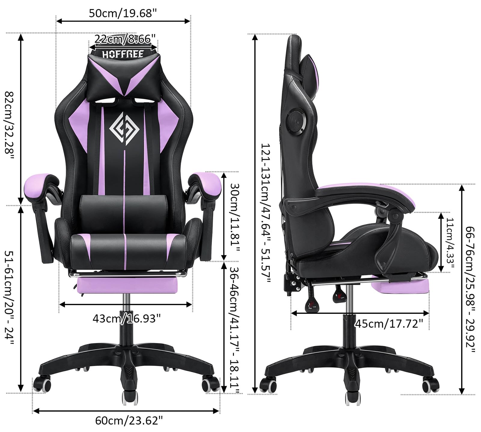 HOFFREE RGB Gaming Chair with Speakers Massage Computer Gaming Chair with LED Lights and Footrest High Back Video Game Chair for Adults Purple and Black