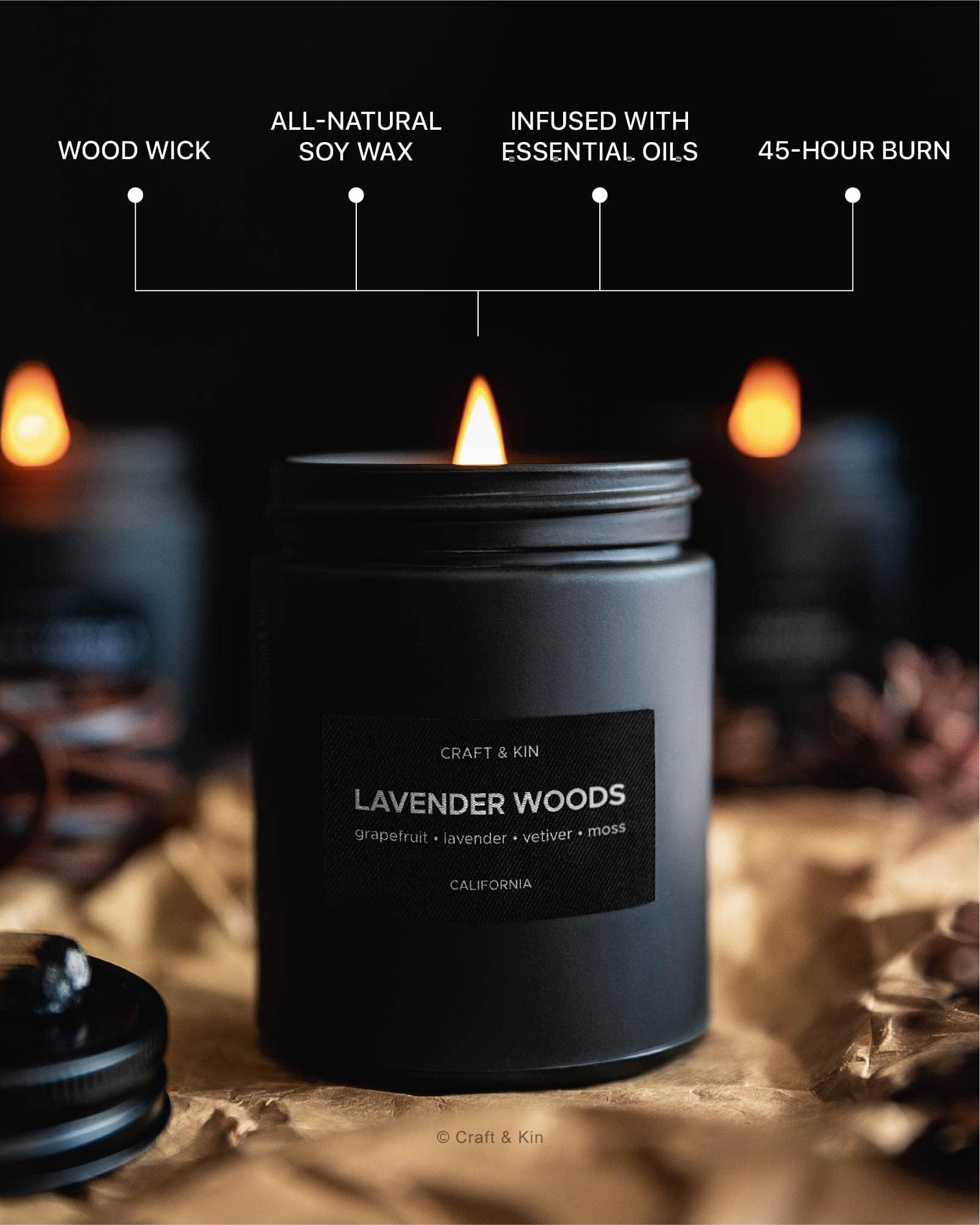 Craft & Kin Premium Lavender Woods Candle | Black Spring Scented Candles for Men | Long Lasting with 45 Hour Burn Time, 7.6oz | Made with Soy | Aromatherapy at Home | Gifts for Men