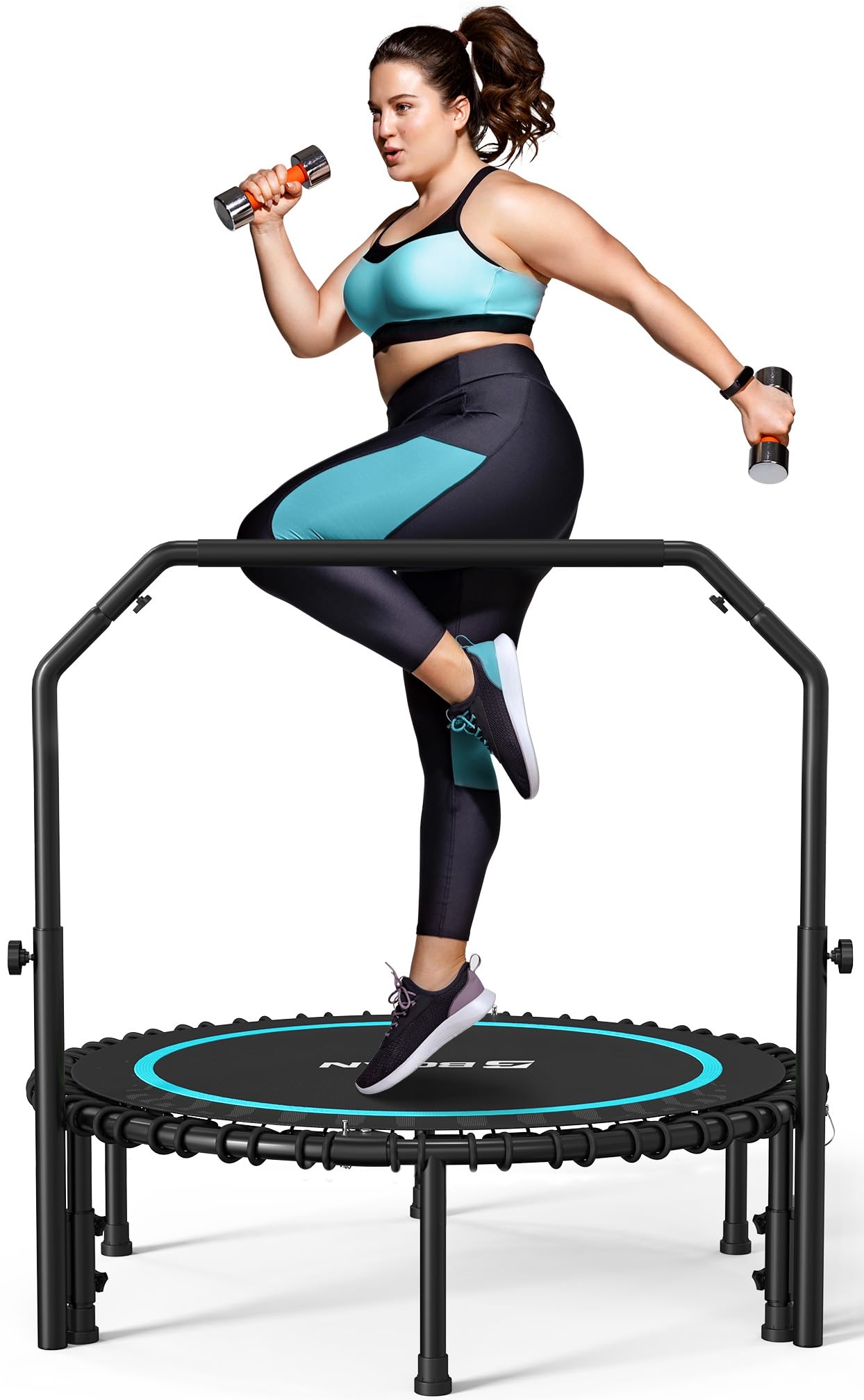 BCAN 450/550 LBS Foldable Mini Trampoline, 40"/48" Fitness Trampoline with Bungees, U Shape Adjustable Foam Handle, Stable & Quiet Exercise Rebounder for Adults Indoor/Outdoor Workout: 40IN 40-BLUE
