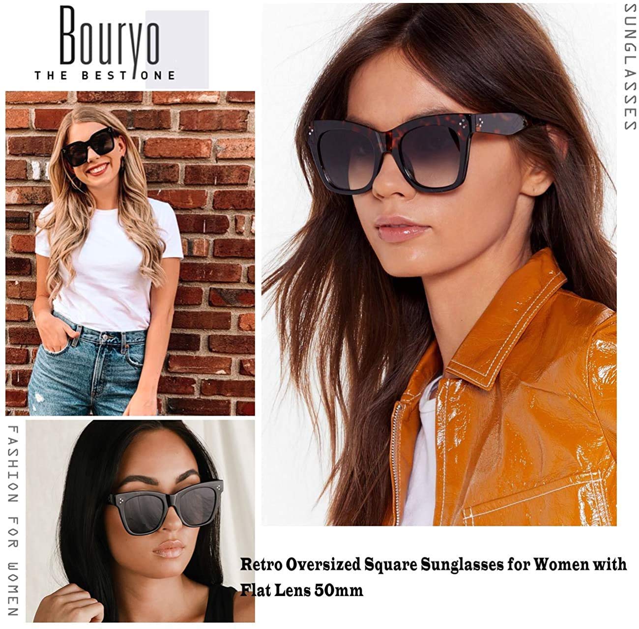 Bouryo Retro Oversized Square Sunglasses for Women Flat Lens Sun Glasses Gradient Shades UV400