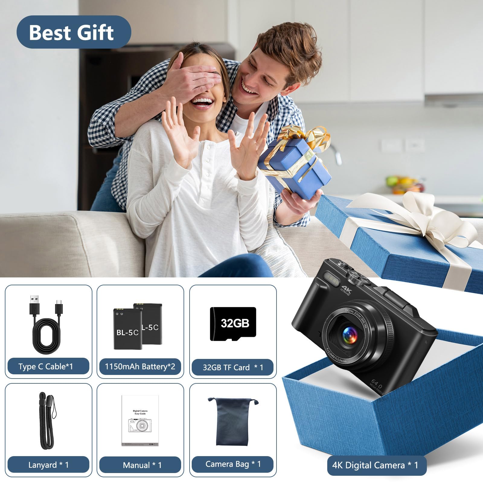 Digital Camera for Photography, 4K Vlogging Camera for YouTube 3" 180° Flip Screen 18X Digital Zoom Compact Retro Cameras with 32GB TF Card & 2 Batteries,: Black