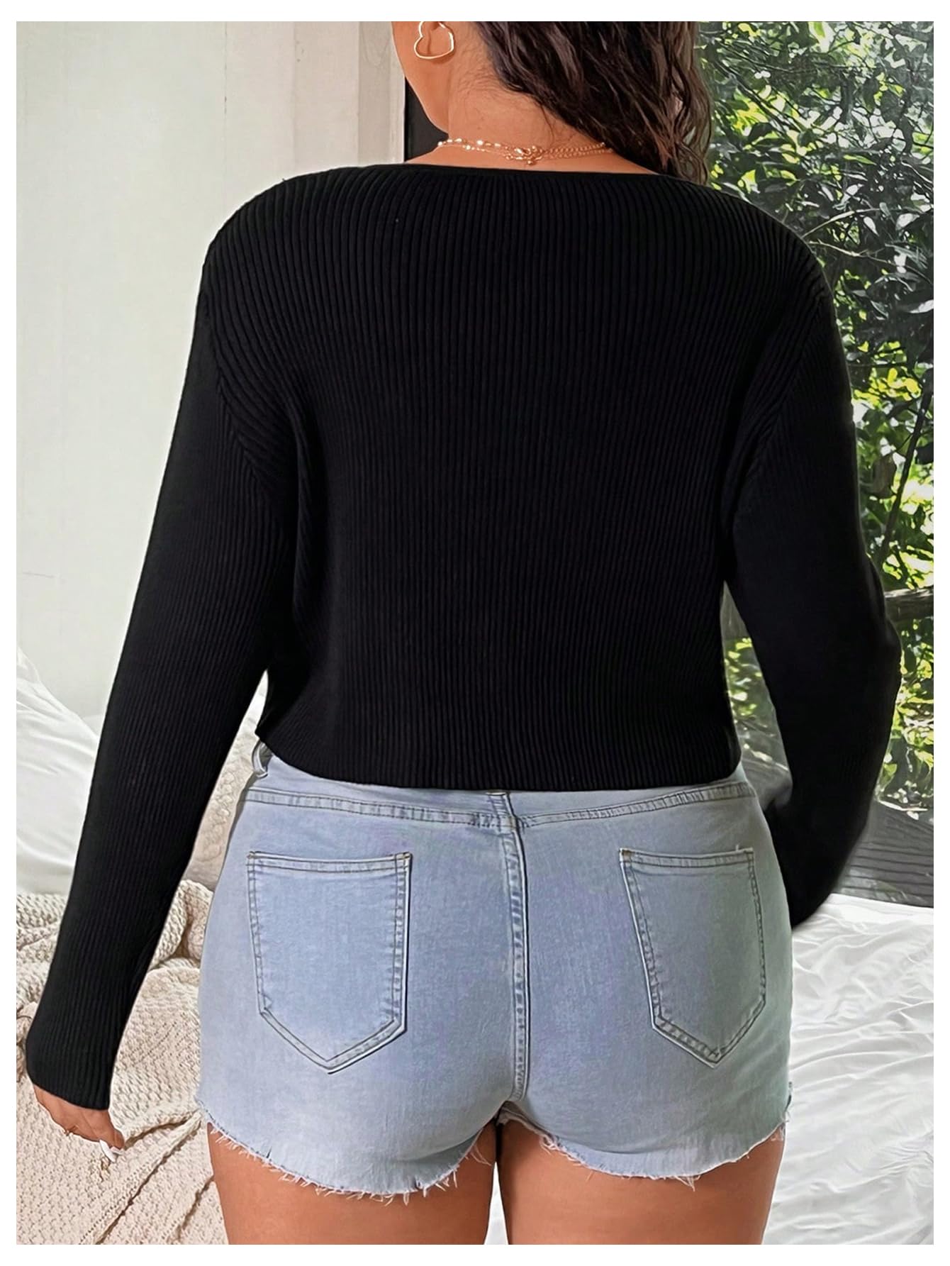 Floerns Women's Tie Front Long Sleeve Rib Knit Shrug Sweaters Cardigan Crop Top