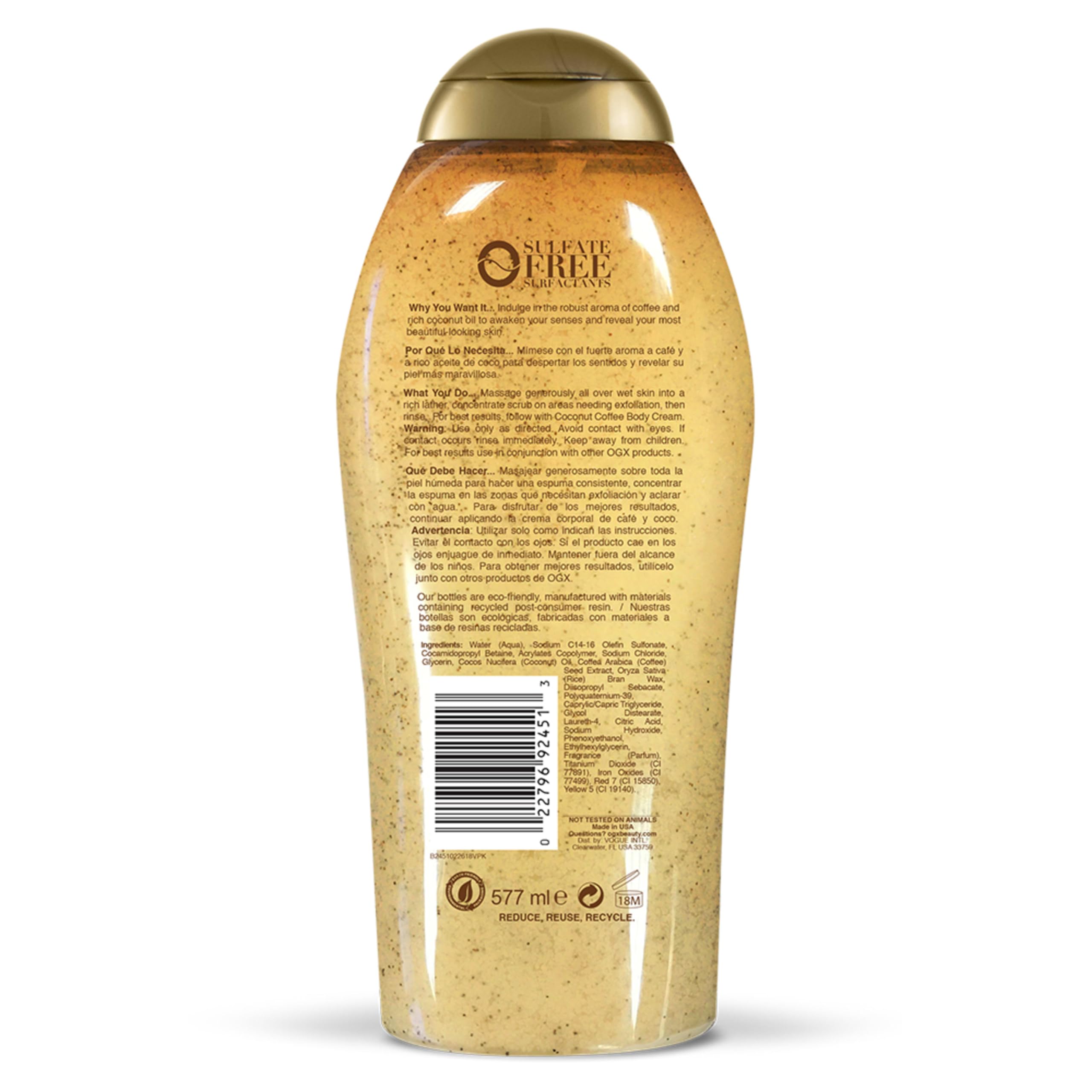 OGX Smoothing + Coconut Coffee Exfoliating Body Scrub with Arabica Coffee & Coconut Oil, Moisturizing Body Wash for Dry Skin, Paraben-Free with Sulfate-Free Surfactants, 19.5 Fl Oz: 19.5 Fl Oz (Pack of 1)