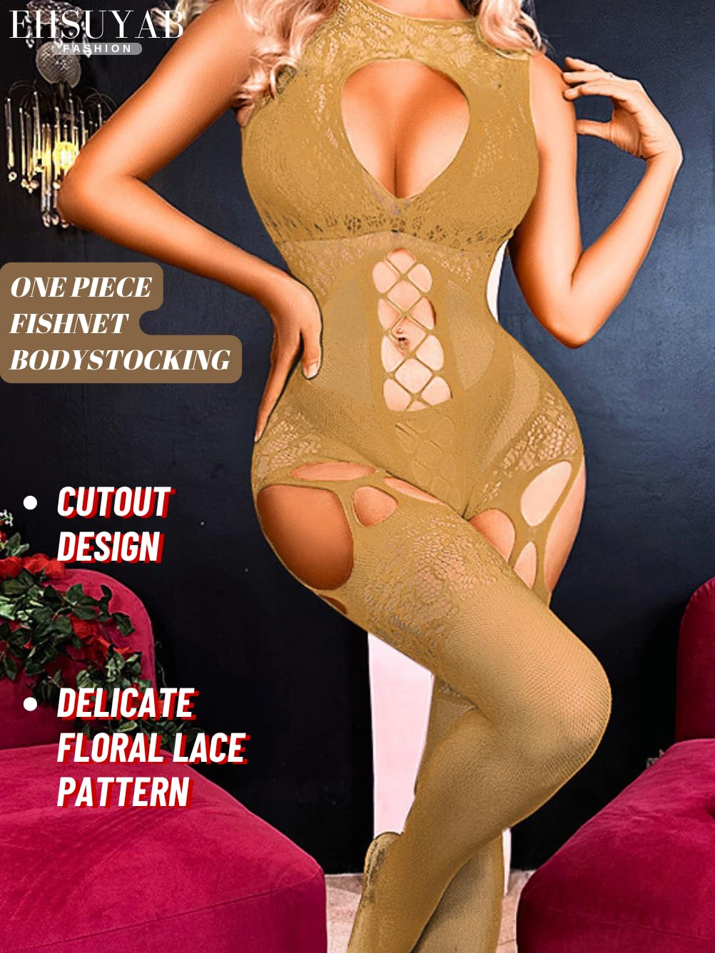 EHSUYAB Women Body Stockings Sexy, Exotic Dancer Fishnets Lingerie Glow Party, Fishnet Bodysuit Rave Outfits Club Plus Size: Beige