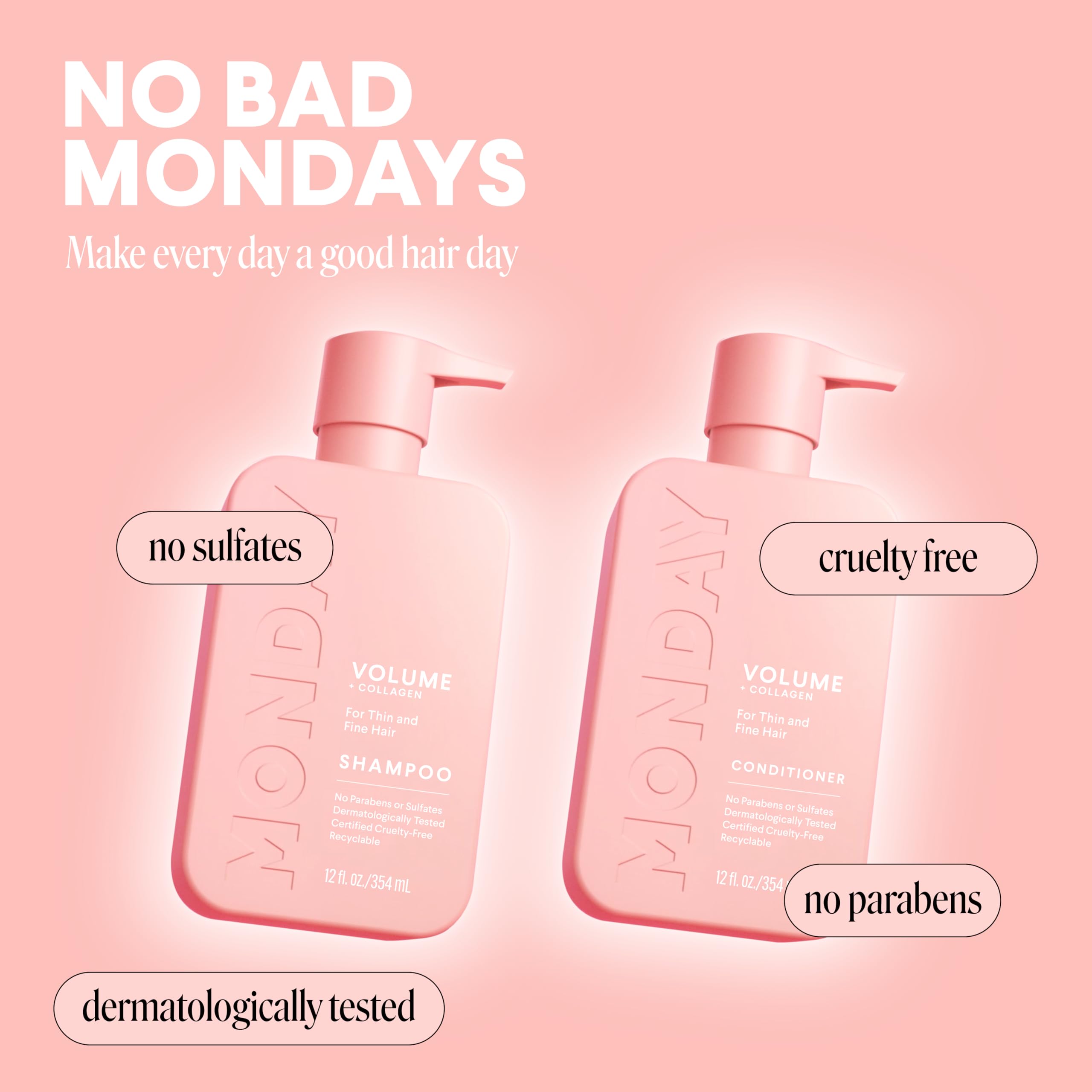 MONDAY HAIRCARE Volume Shampoo + Conditioner Set (2 Count) 12 oz. For Thin, Fine, and Oily Hair Made with Coconut Oil, Ginger Extract, and Vitamin E 100% Recyclable Bottle