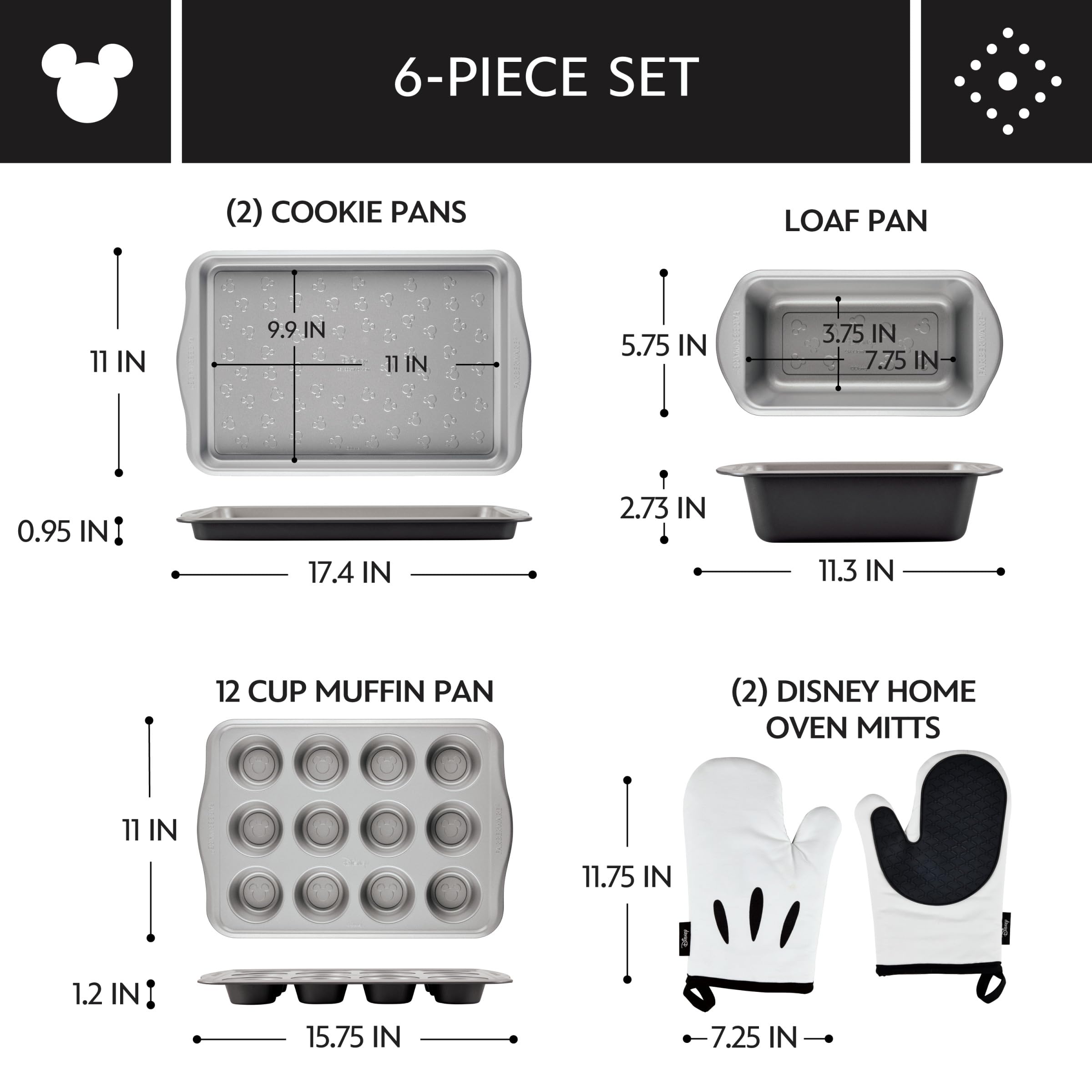 Farberware Disney Bake with Mickey Mouse Nonstick Bakeware Set/Baking Pans with Disney Home Oven Mitts, Cookie Pans, Muffin/Cupcake and Loaf Pan, 6 Piece - Black
